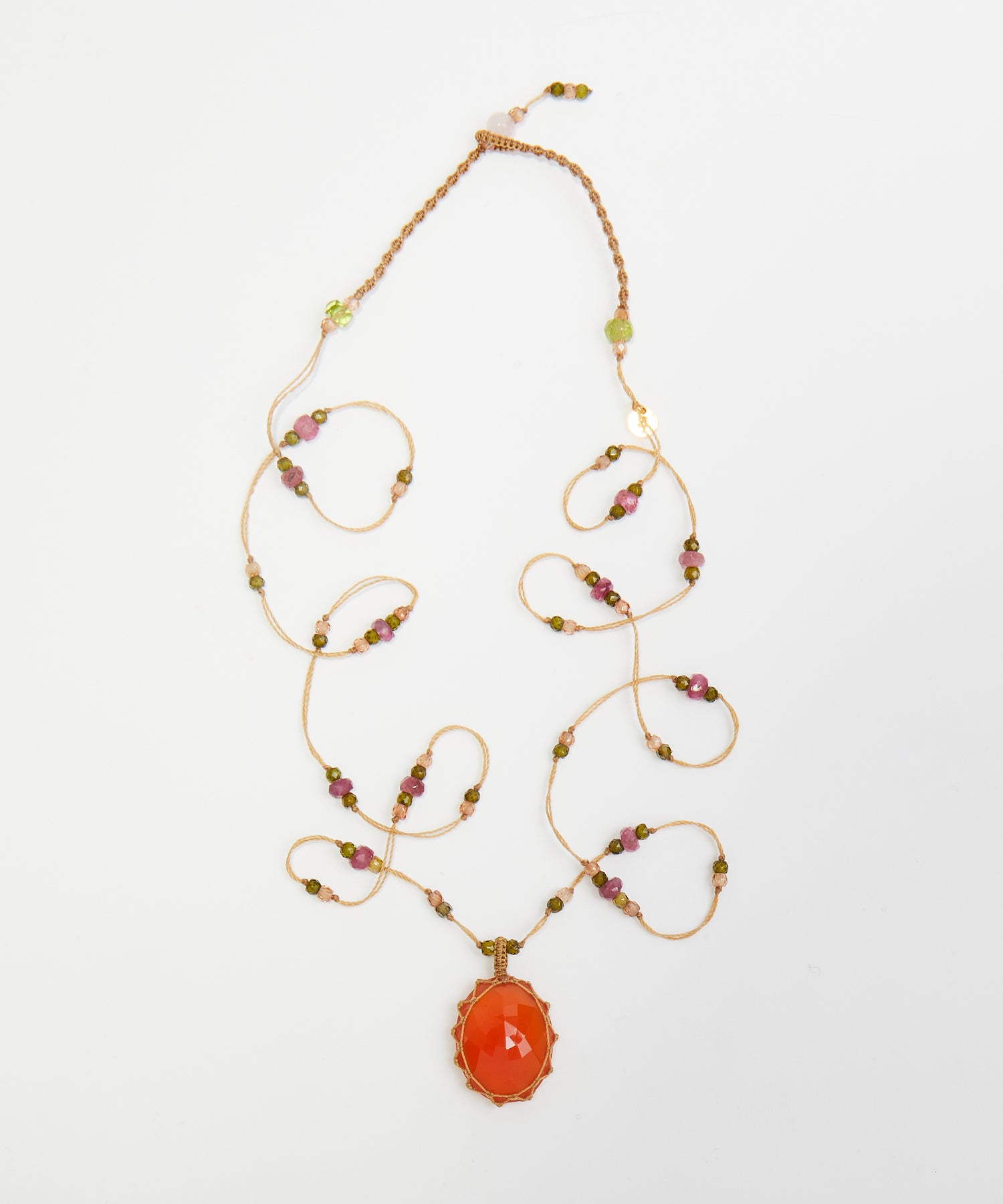 Tibetan Long Necklace - Strawberry Quartz Orange - Mix Pink Tourmaline Pink - Green Thread