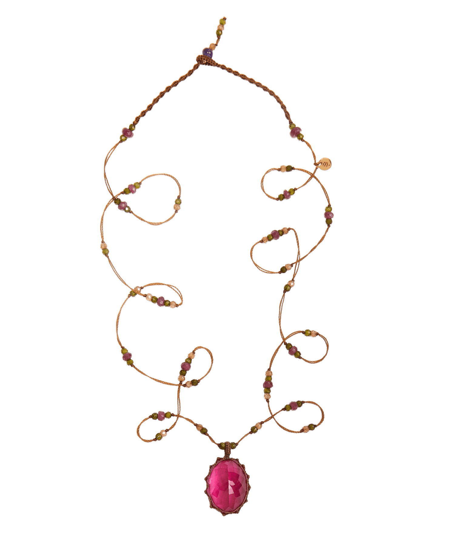 Long Tibetan Necklace - Pink Indian Glass - Rose Tourmaline Mix - Tobacco Thread