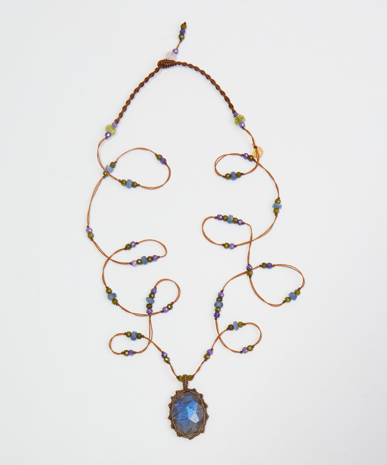 Tibetan Long Necklace - Blue Fire Labradorite - Mix Multi Stones - Beige Thread