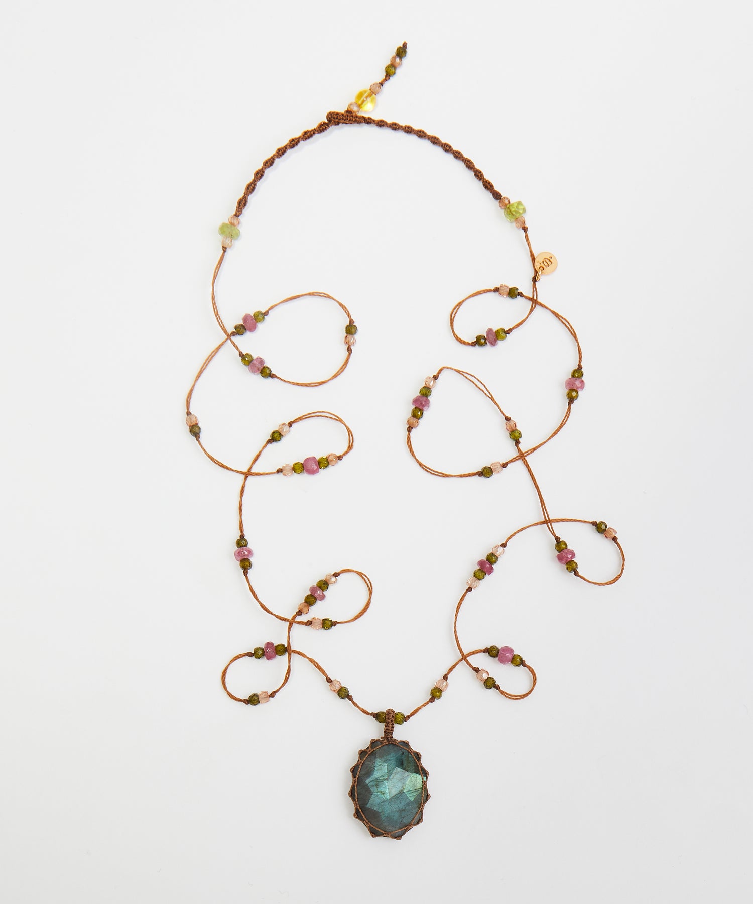 Tibetan Long Necklace - Blue Fire Labradorite - Mix Multi Stones - Beige Thread