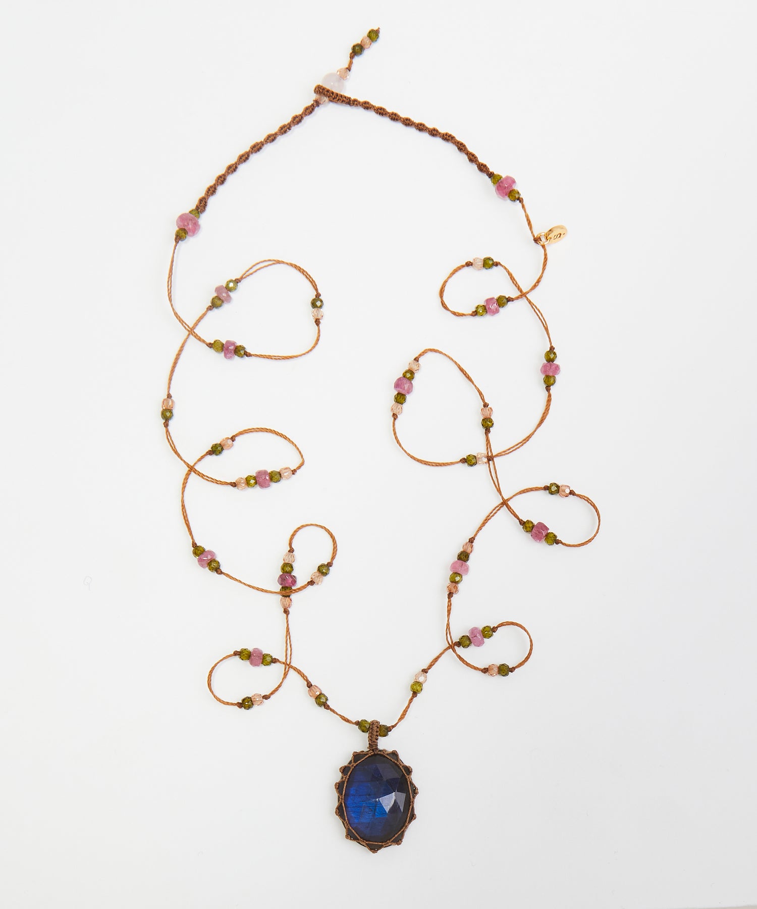 Tibetan Long Necklace - Blue Fire Labradorite - Mix Multi Stones - Beige Thread