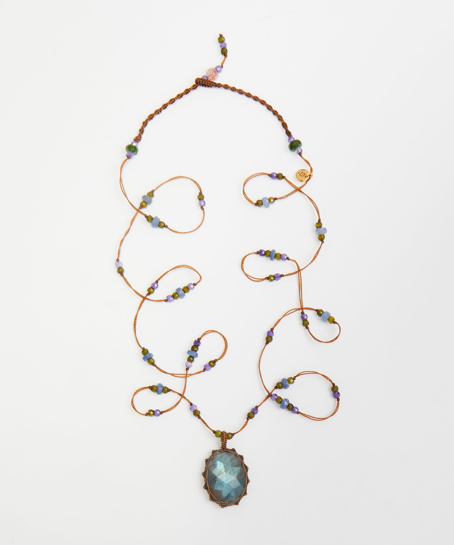 Tibetan Long Necklace - Blue Fire Labradorite - Mix Multi Stones - Beige Thread