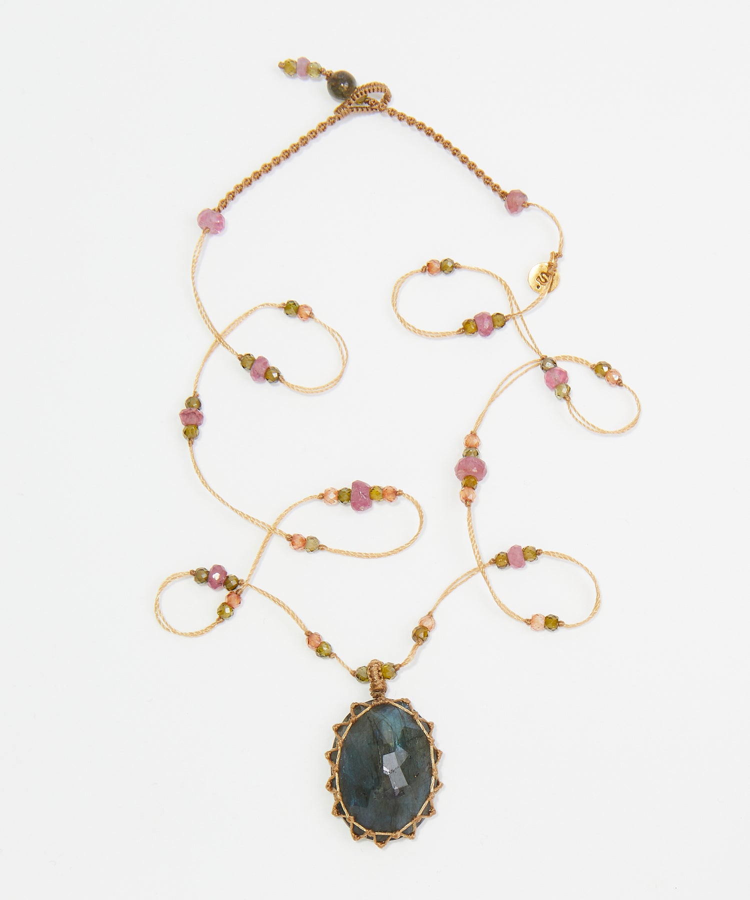 Tibetan Short Necklace - Blue Fire Labradorite - Mix Pink Tourmaline - Beige Thread