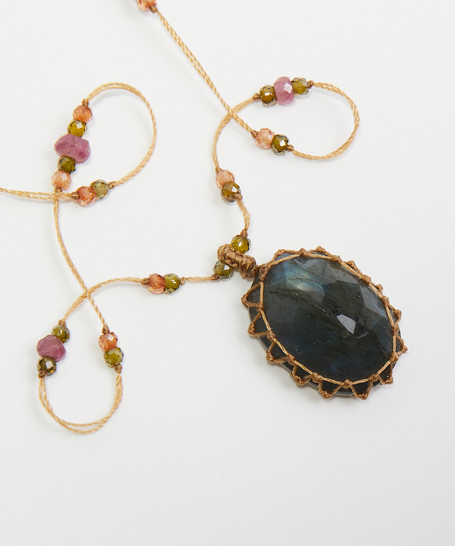 Tibetan Short Necklace - Blue Fire Labradorite - Mix Pink Tourmaline - Beige Thread