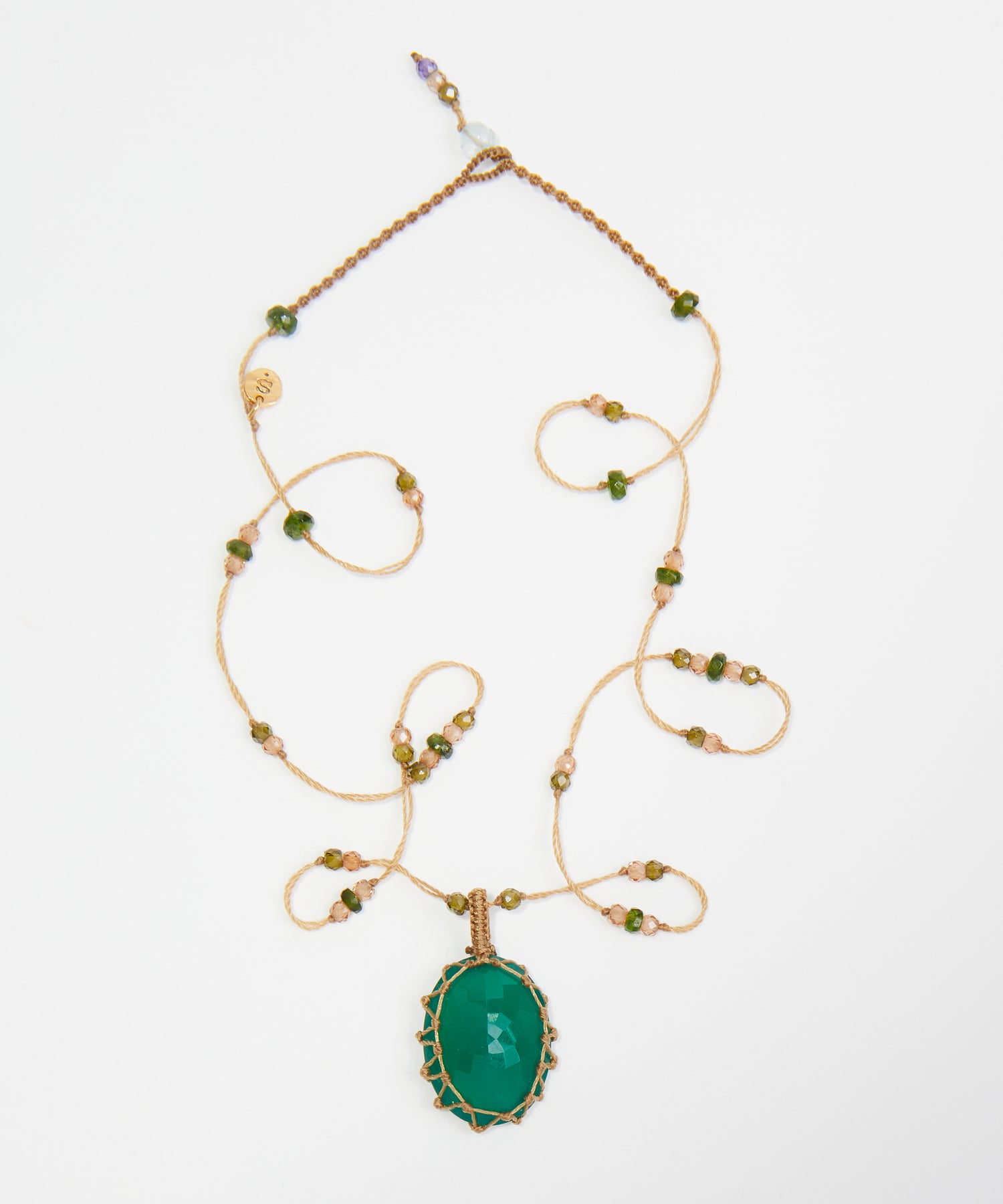 Short Tibetan Necklace - Green Onyx - Mix Tsavorite - Beige Thread