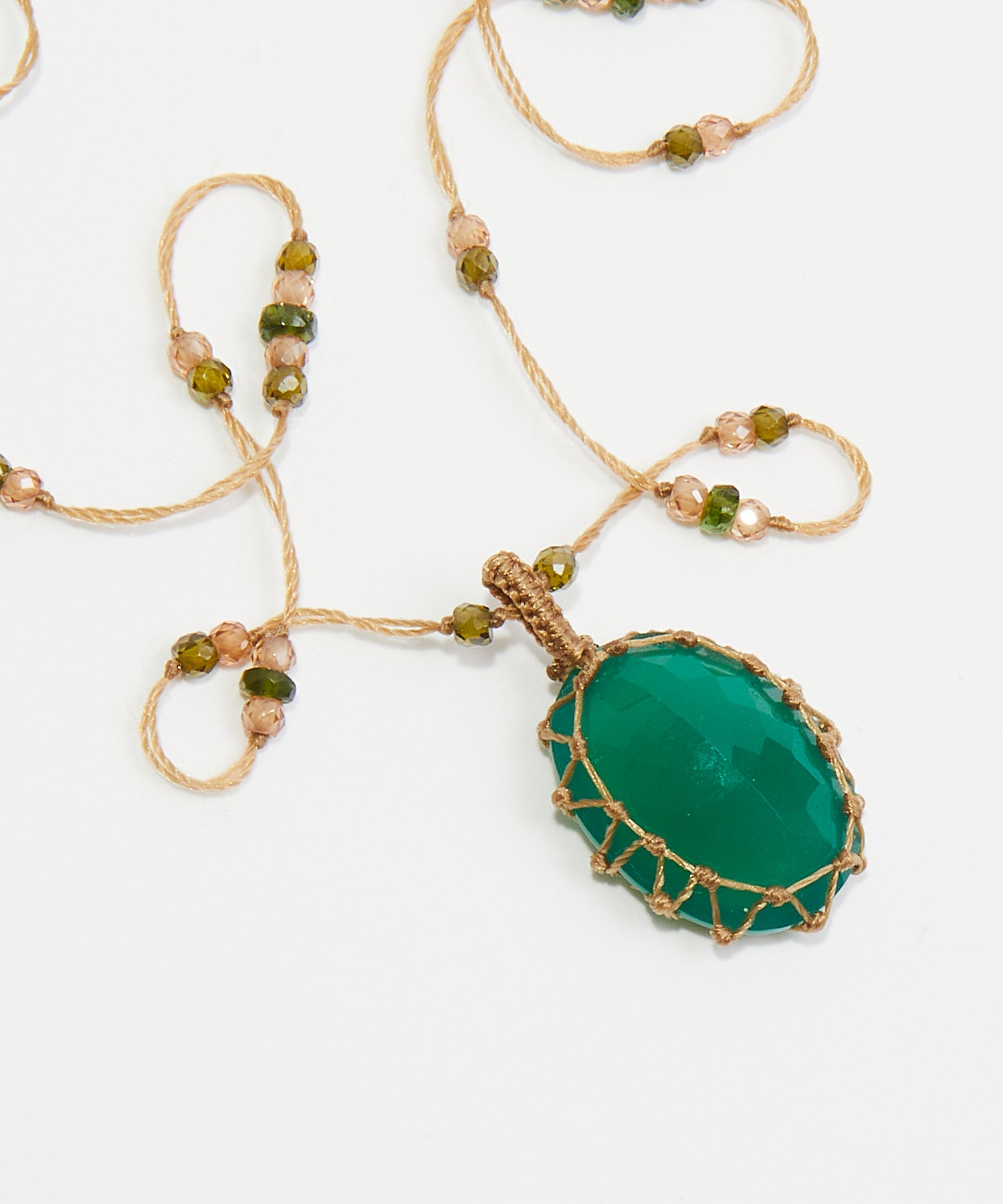 Short Tibetan Necklace - Green Onyx - Mix Tsavorite - Beige Thread