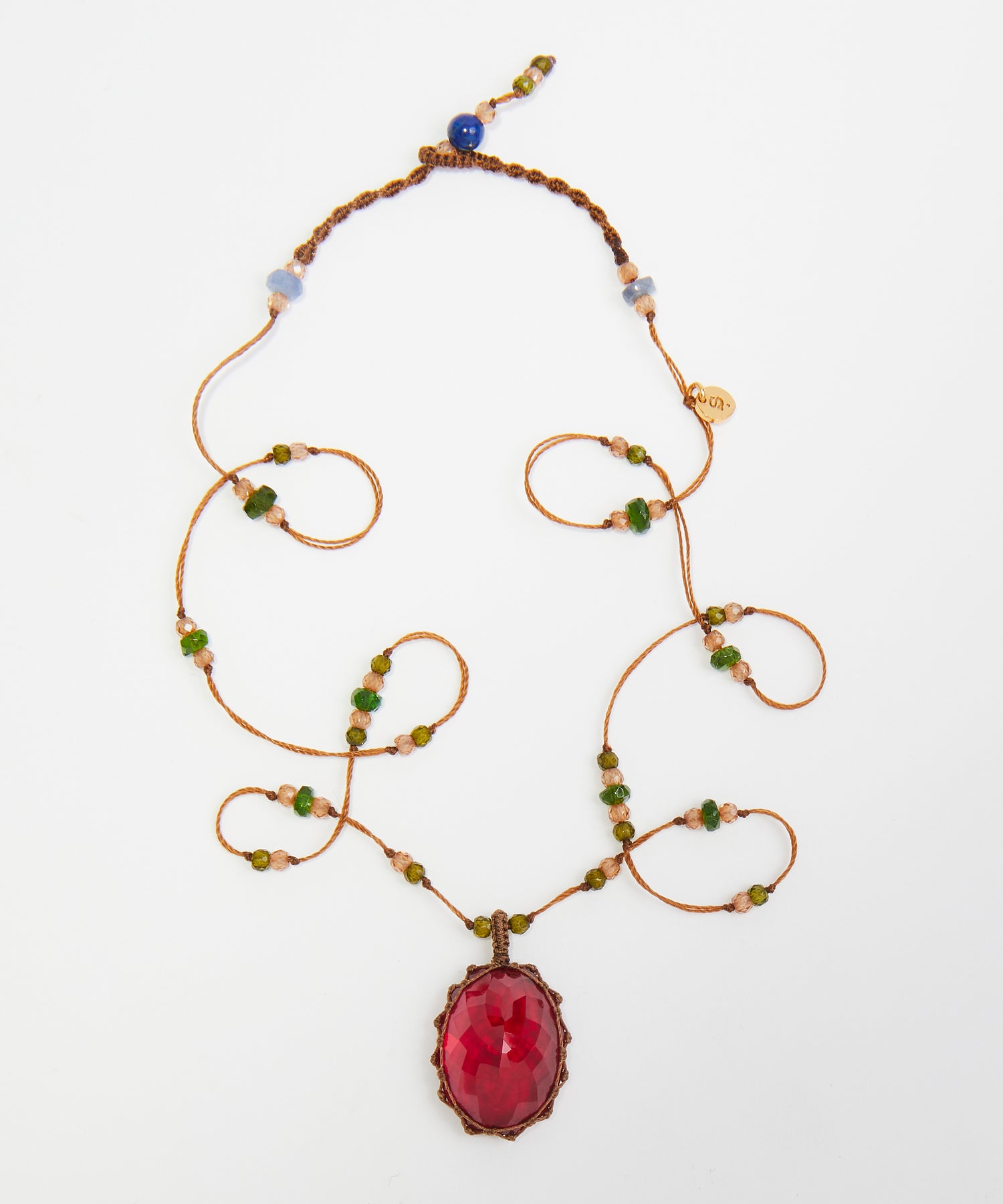 Short Tibetan Necklace - Red Indian Glass - Mix Tsavorite - Tobacco Thread