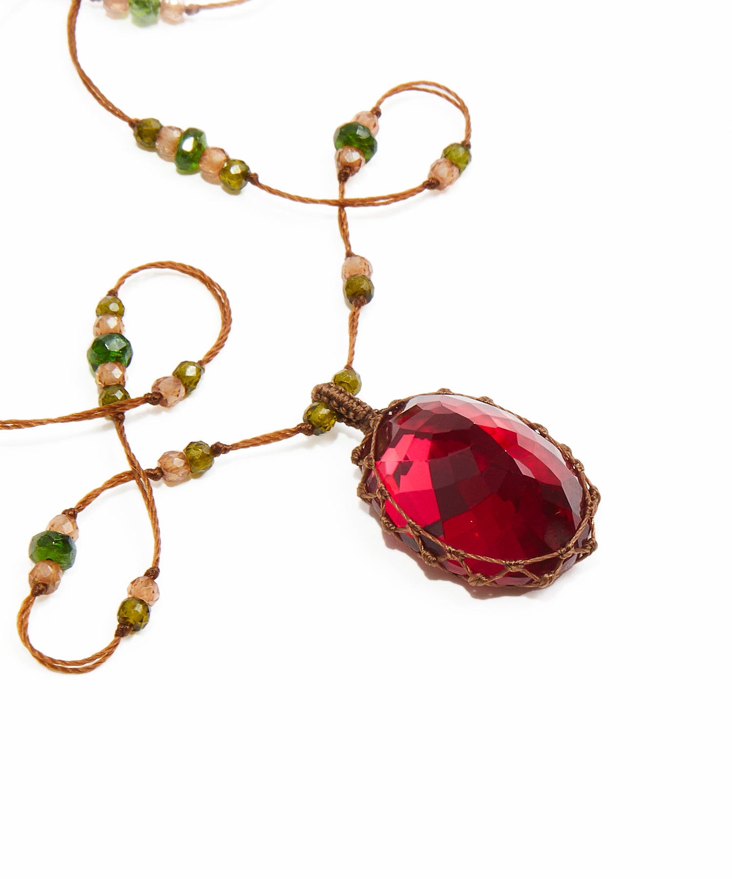 Collier Court Tibétain - Indian Glass Rouge - Mix Tsavorite - Fil Tabac