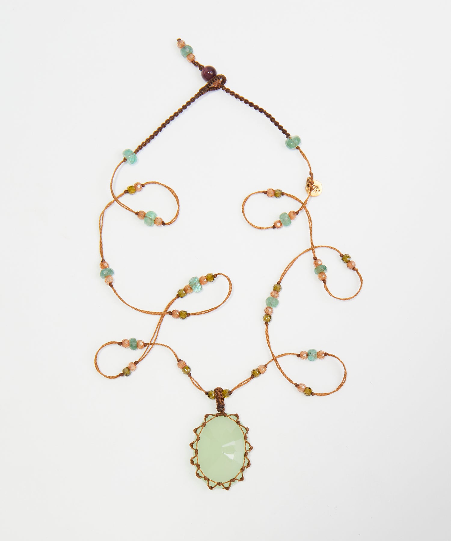 Short Tibetan Necklace - Blue Chalcedony - Mix Tsavorite - Tobacco Thread