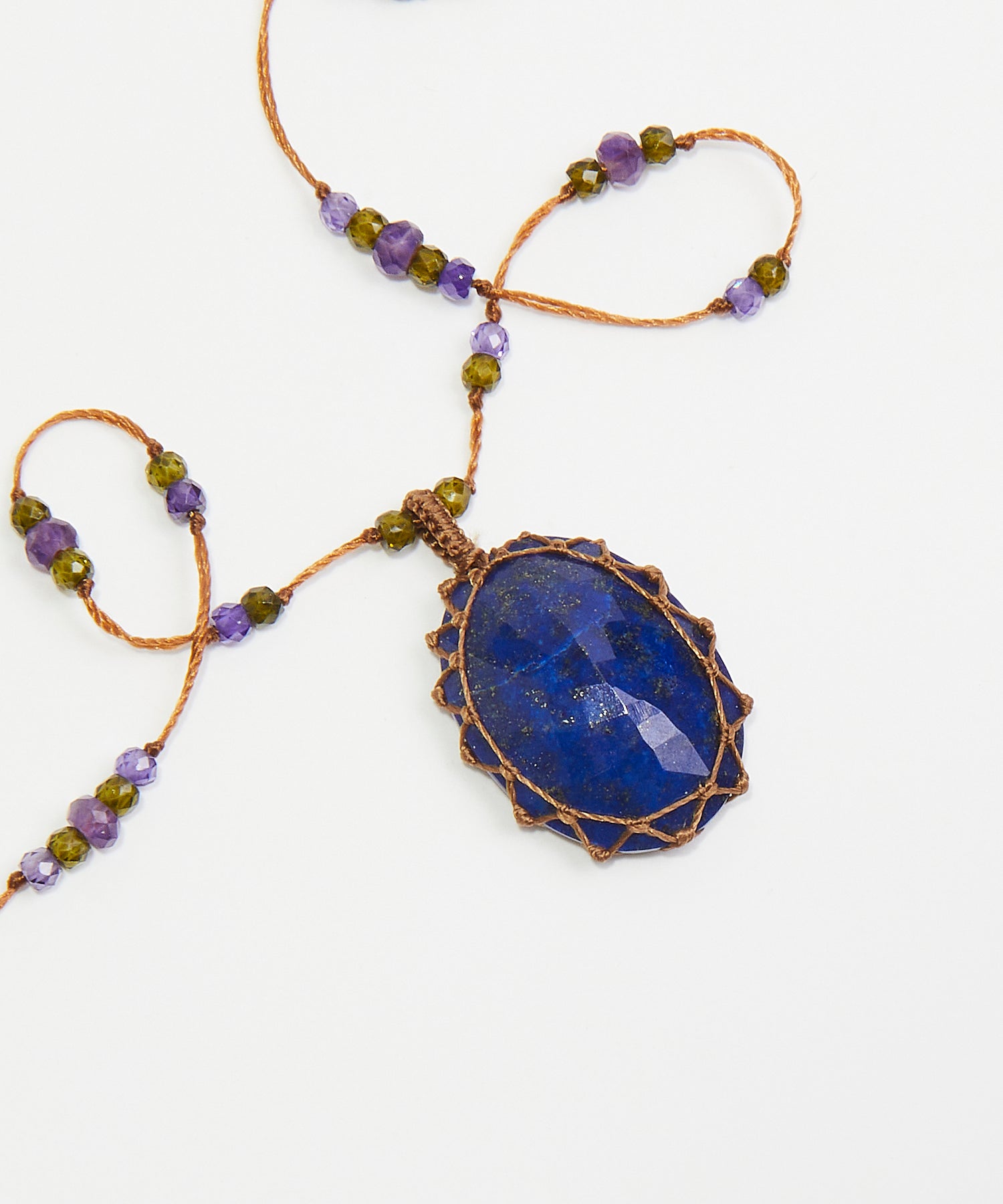 Tibetan Short Necklace - Lapis Lazuli - Amethyst Mix - Tobacco Thread