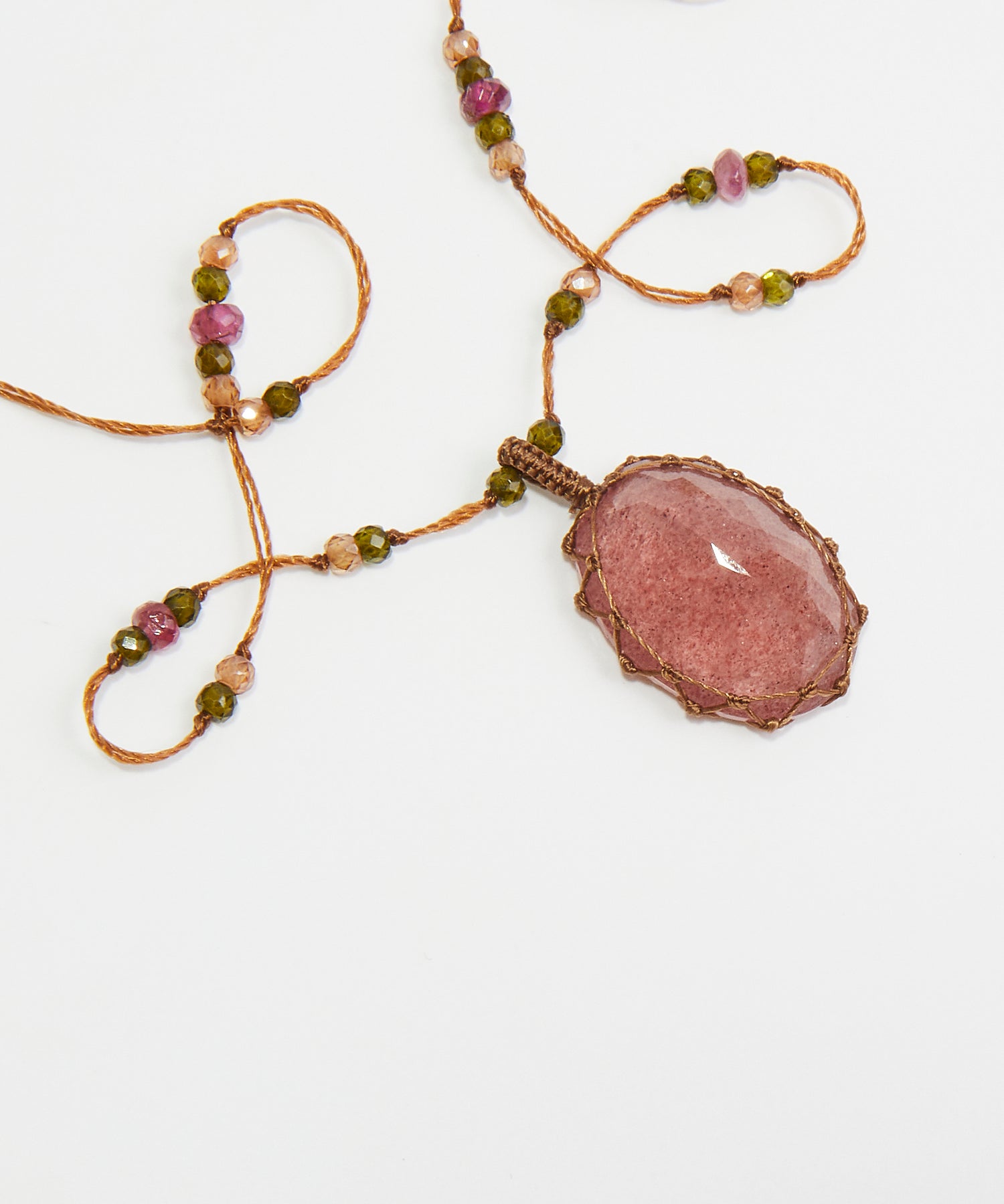 Collier Court Tibétain - Strawberry Quartz Rose - Mix Tourmaline Rose - Fil Tabac