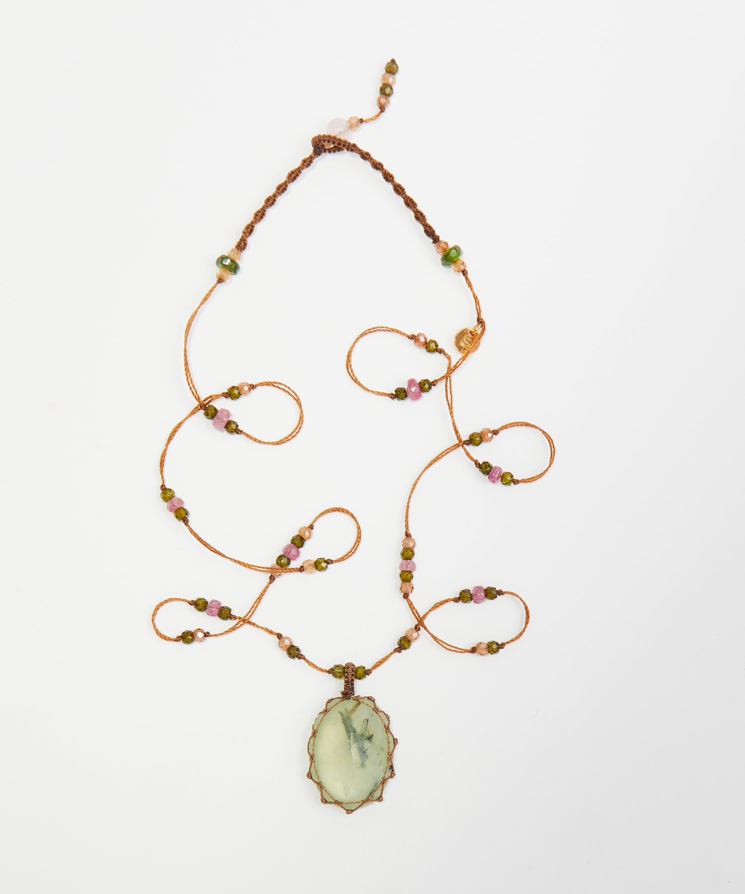 Collier Court Tibétain - Prehnite Rutile  - Mix Tourmaline - Fil Tabac