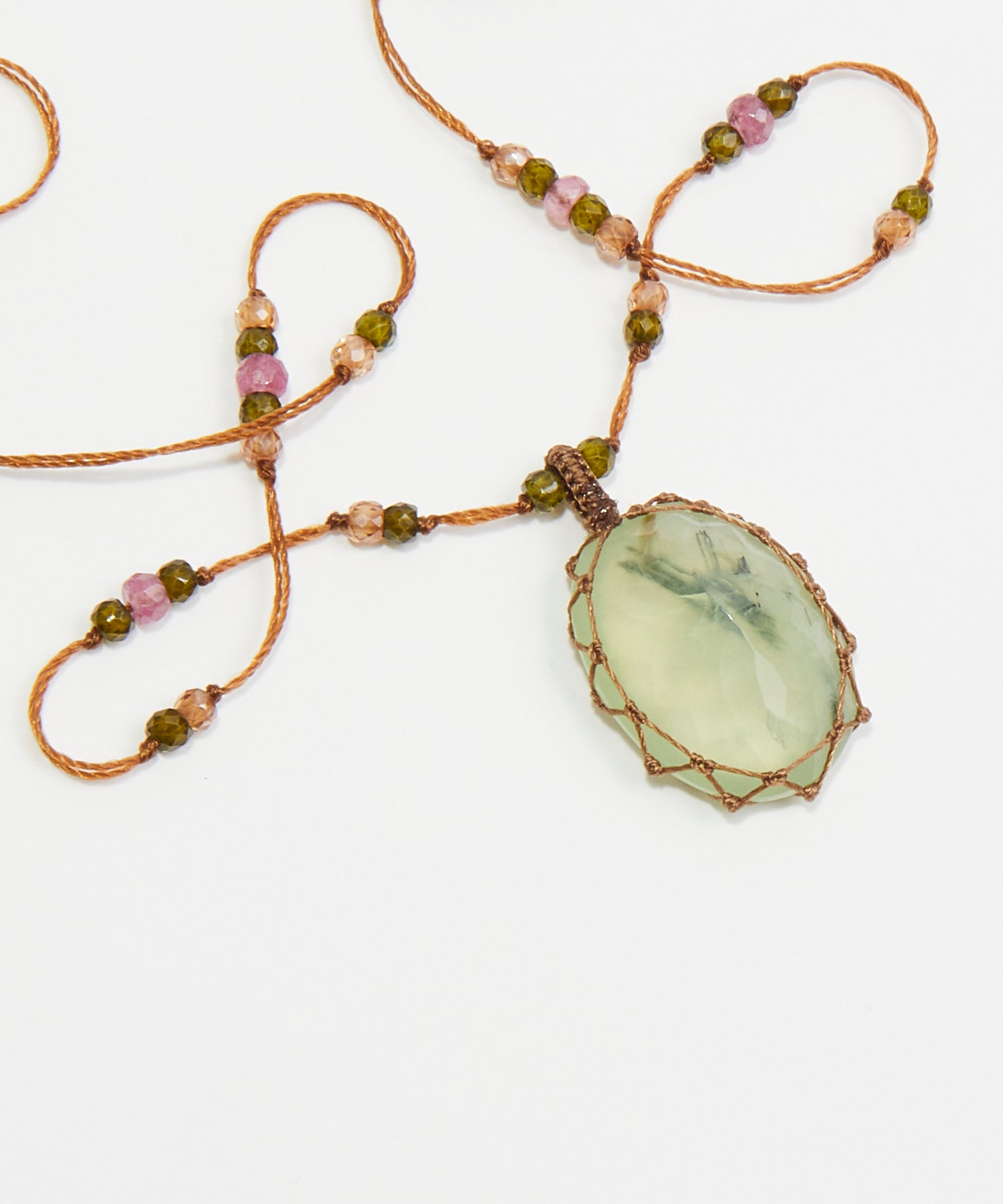 Collier Court Tibétain - Prehnite Rutile  - Mix Tourmaline - Fil Tabac