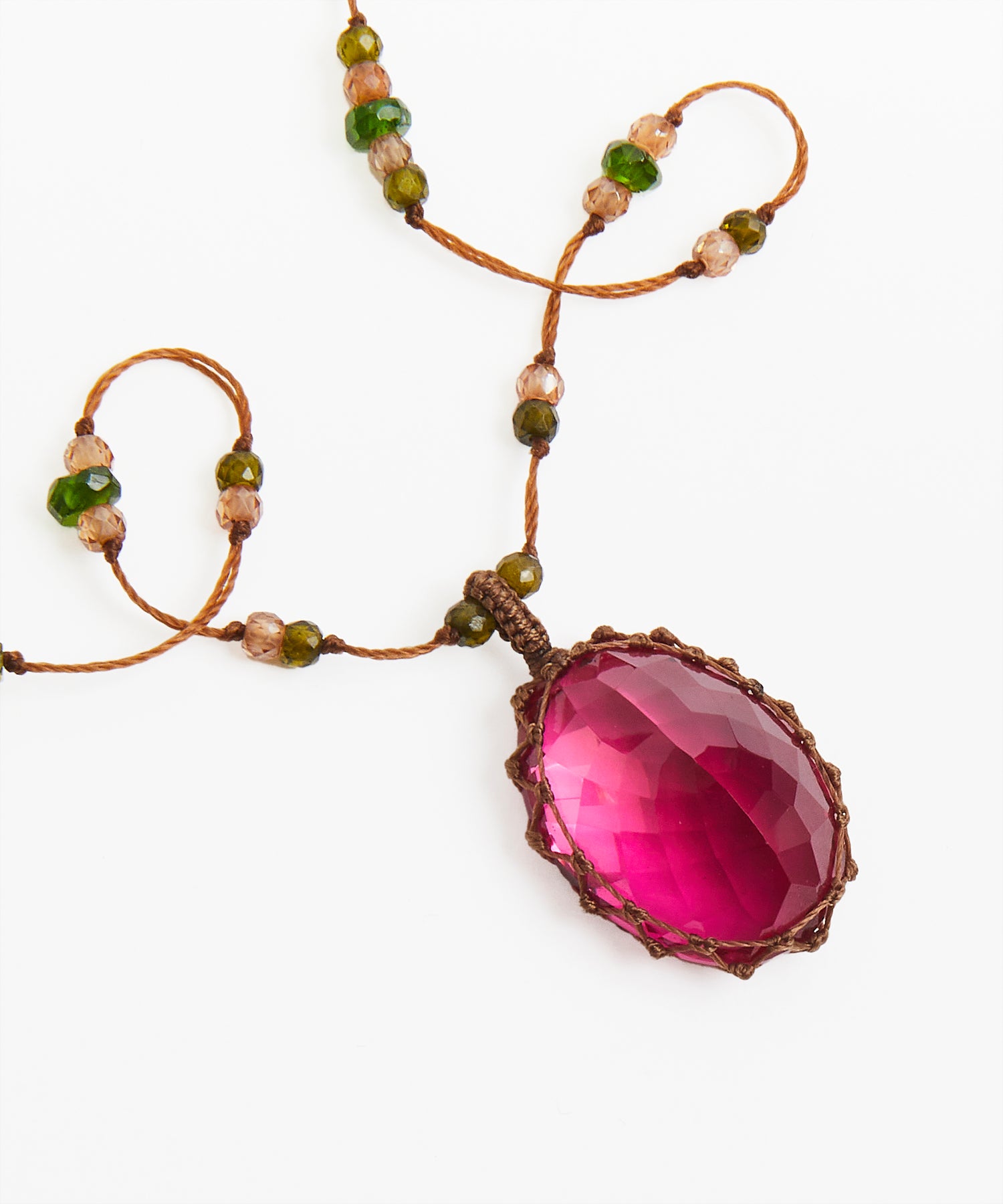 Collier Court Tibétain - Indian Glass Rose - Mix Tsavorite - Fil Tabac