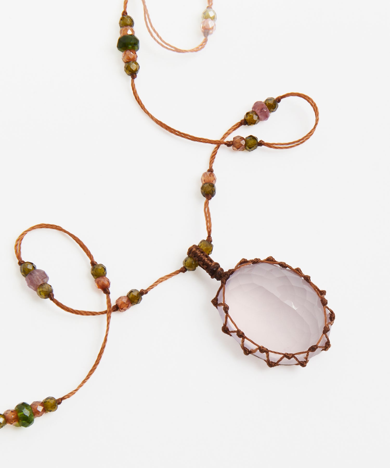 Short Tibetan Necklace - Rose Quartz - Mix Pink Tourmaline - Tobacco Thread