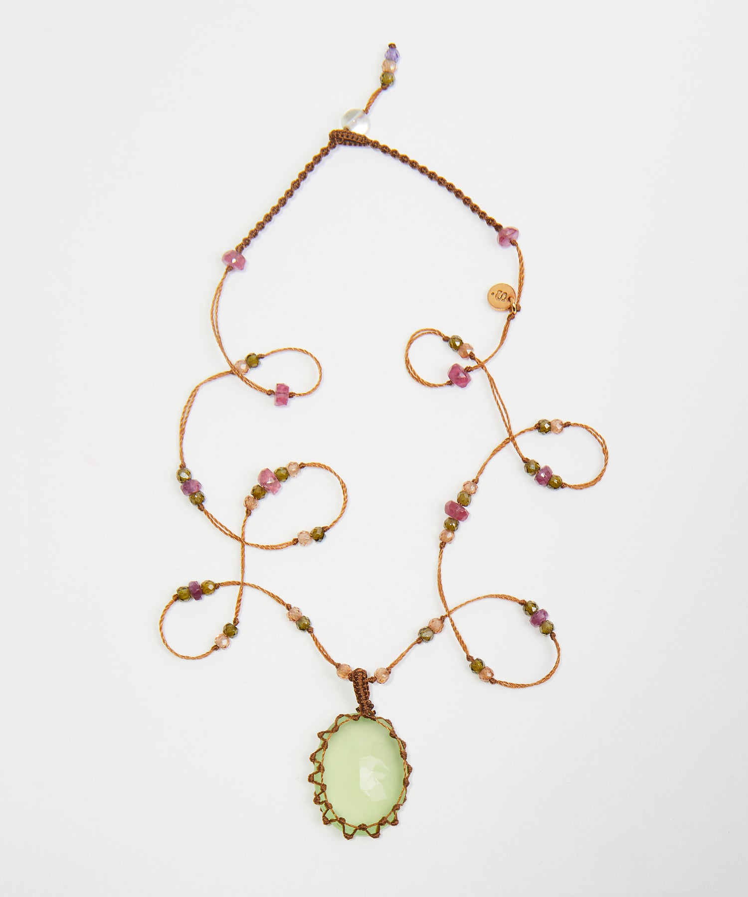 Collier Court Tibétain - Calcédoine Verte - Mix Tourmaline - Fil Tabac