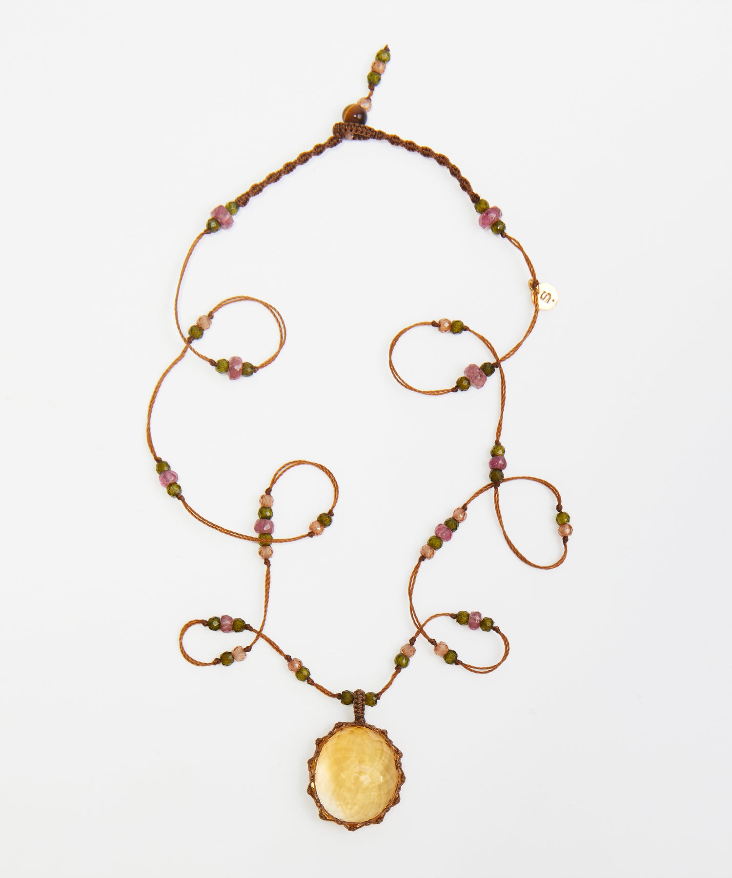 Collier Court Tibétain - Citrine - Mix Tourmaline Rose - Fil Tabac