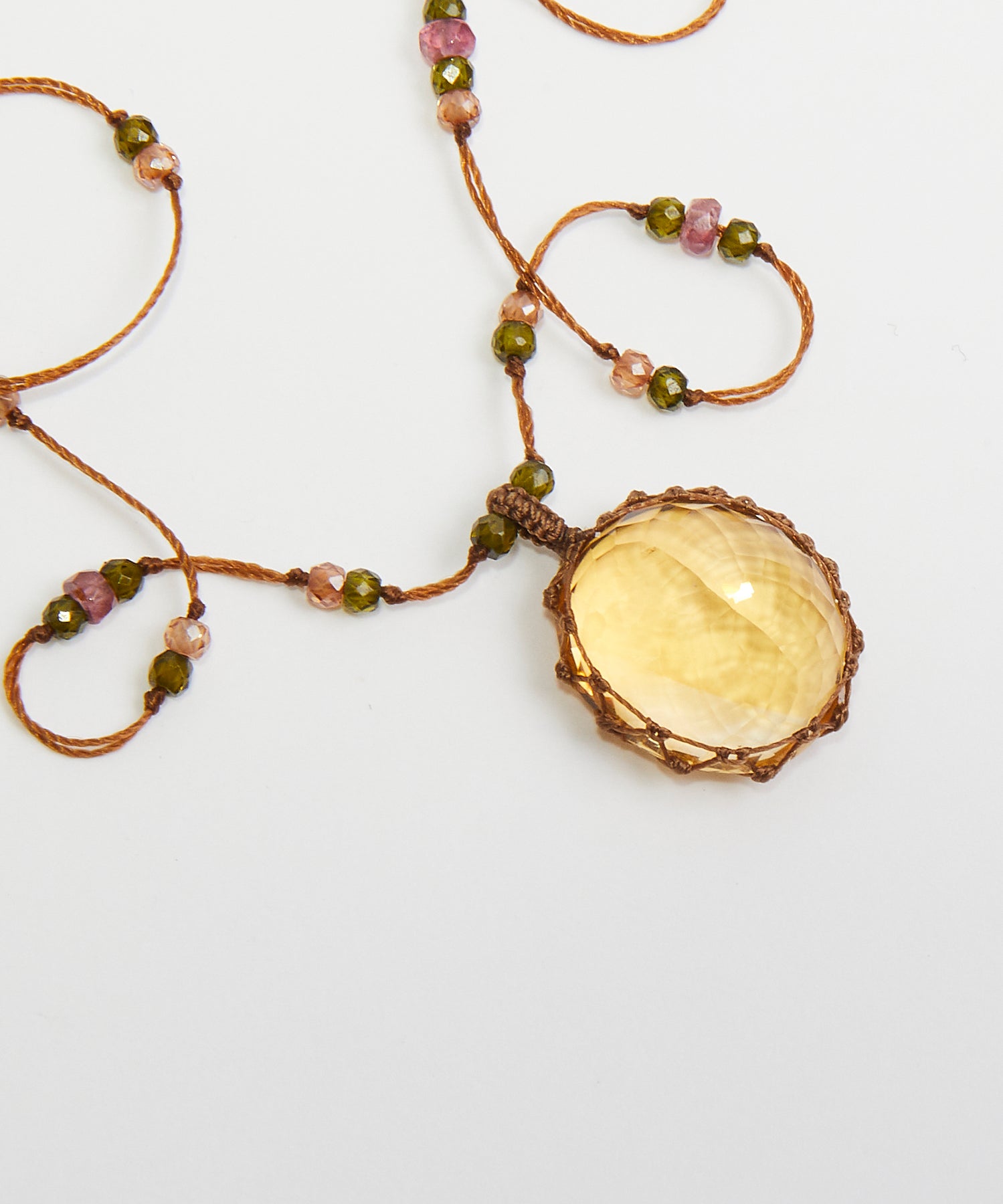 Short Tibetan Necklace - Citrine - Mix Pink Tourmaline - Tobacco Thread