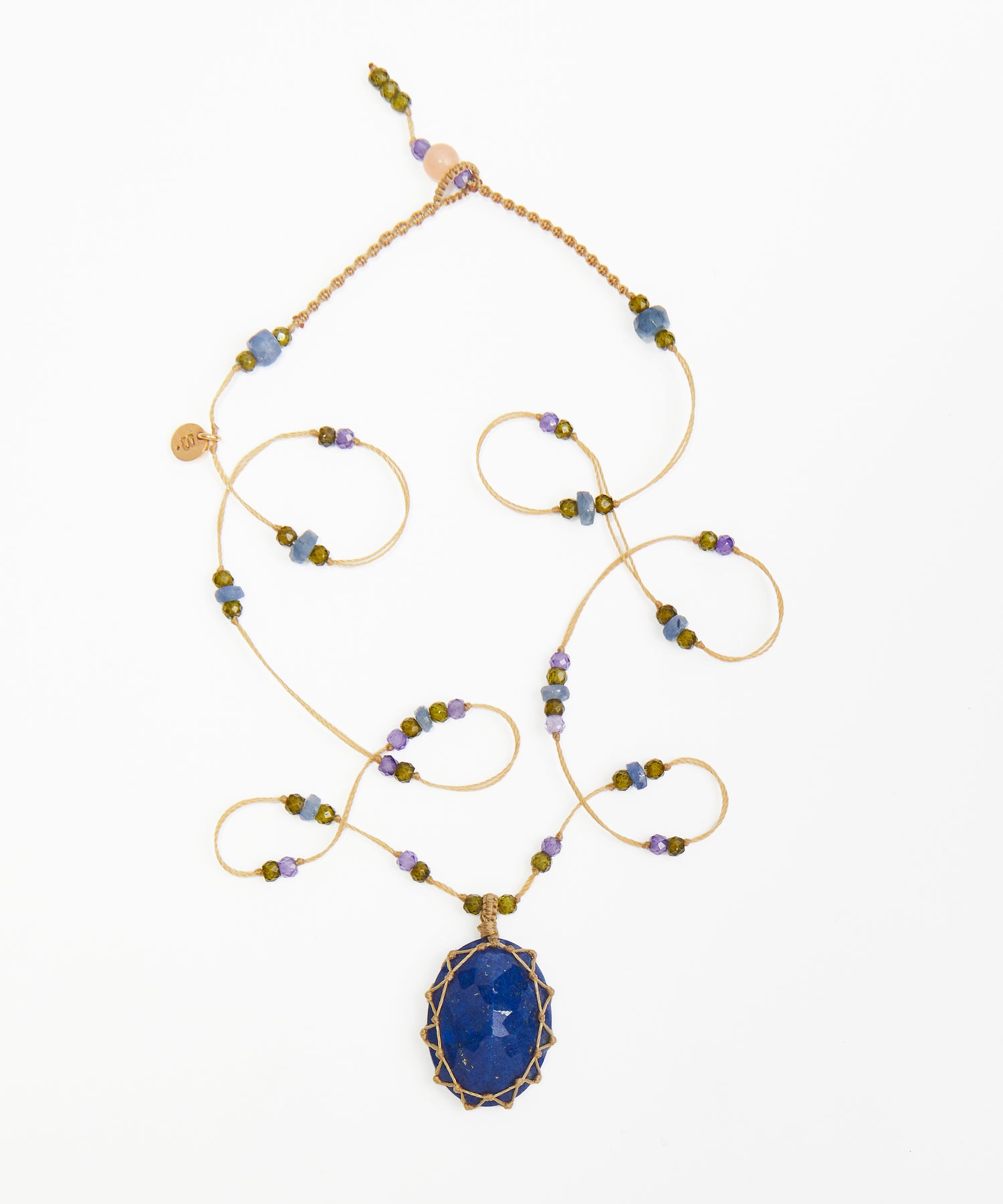 Collier Court Tibétain - Lapis Lazuli - Mix Saphir - Fil Beige