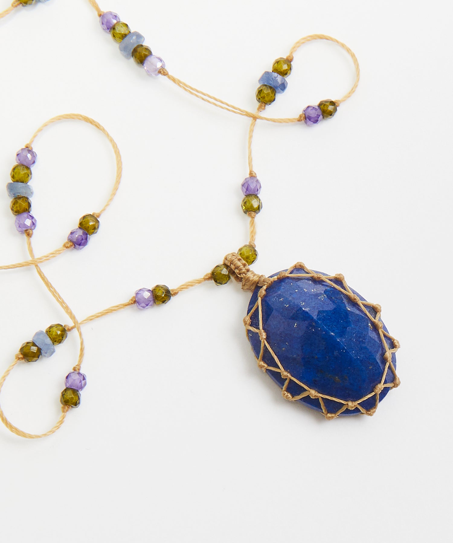 Collier Court Tibétain - Lapis Lazuli - Mix Saphir - Fil Beige