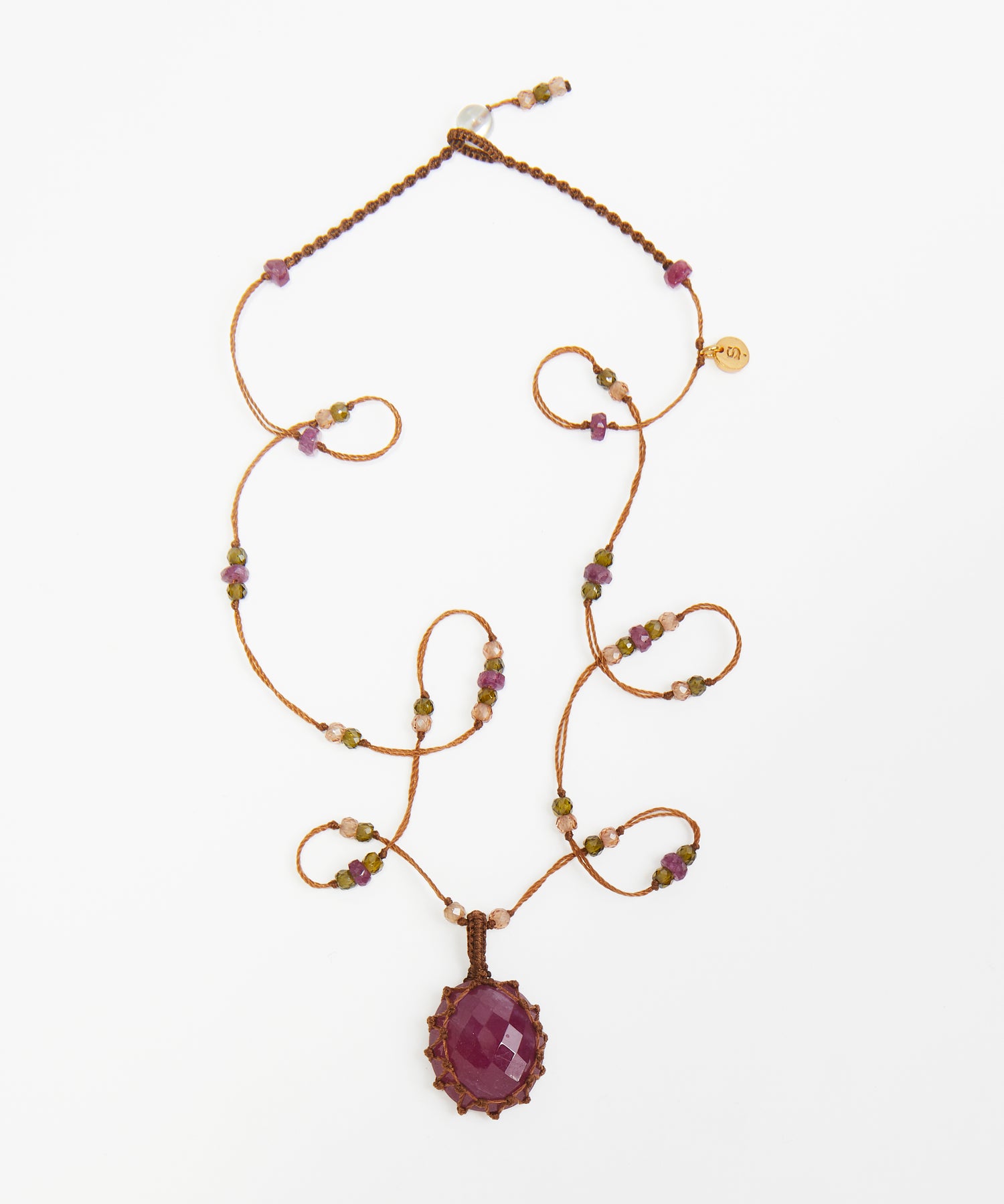 So Precious Short Tibetan Necklace - Glassfilled Rose - Mix Pink Tourmaline - Tobacco Thread