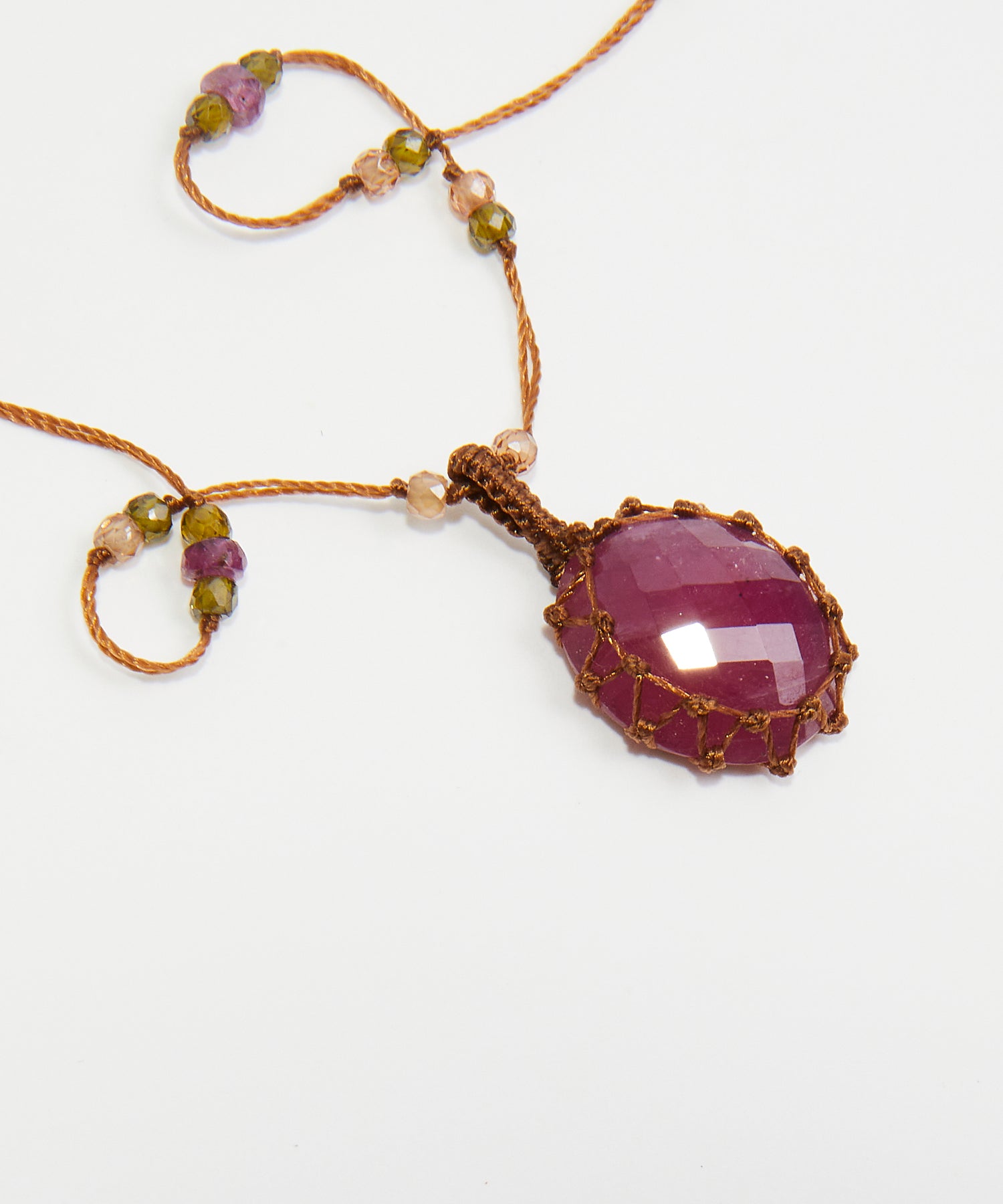 Collier Court Tibétain - Glassfilled Rose - Mix Tourmaline Rose - Fil Tabac