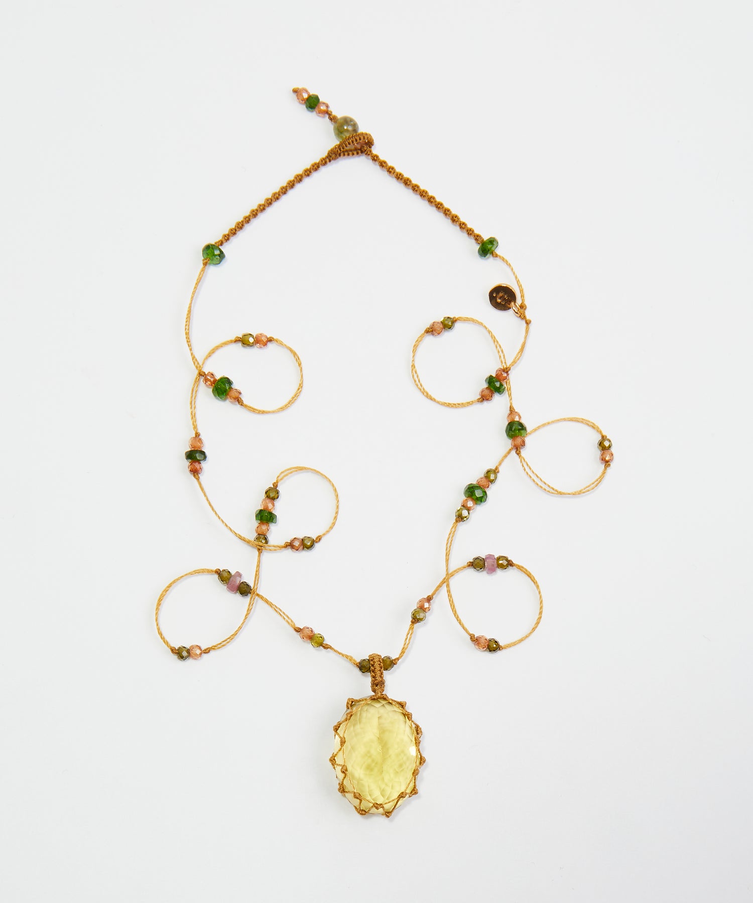 Short Tibetan Necklace - Lemon Topaz - Mix Tsavorite - Tobacco Thread