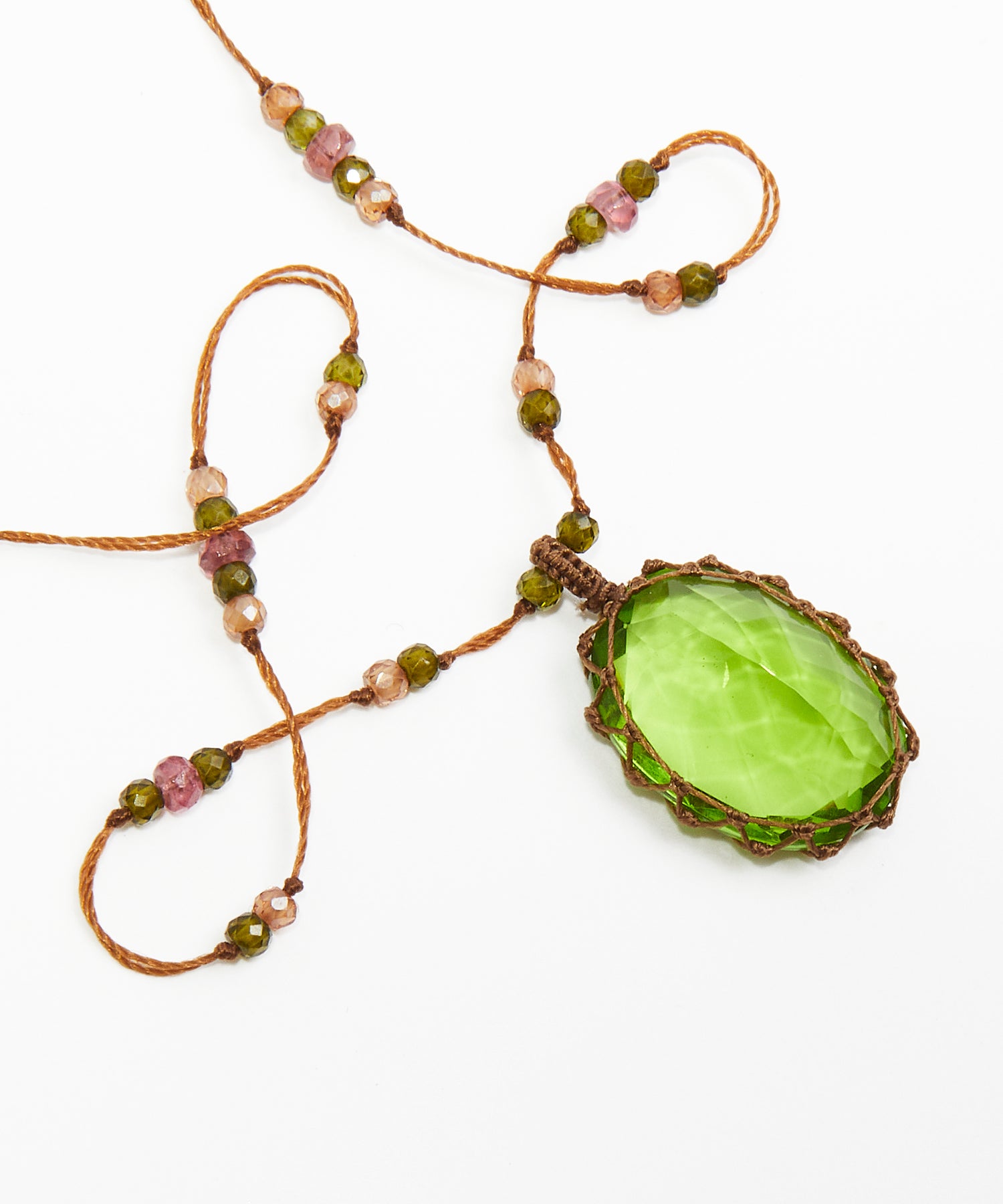 Tibetan Short Necklace - Indian Glass Rose - Mix Pink Tourmaline - Beige Thread