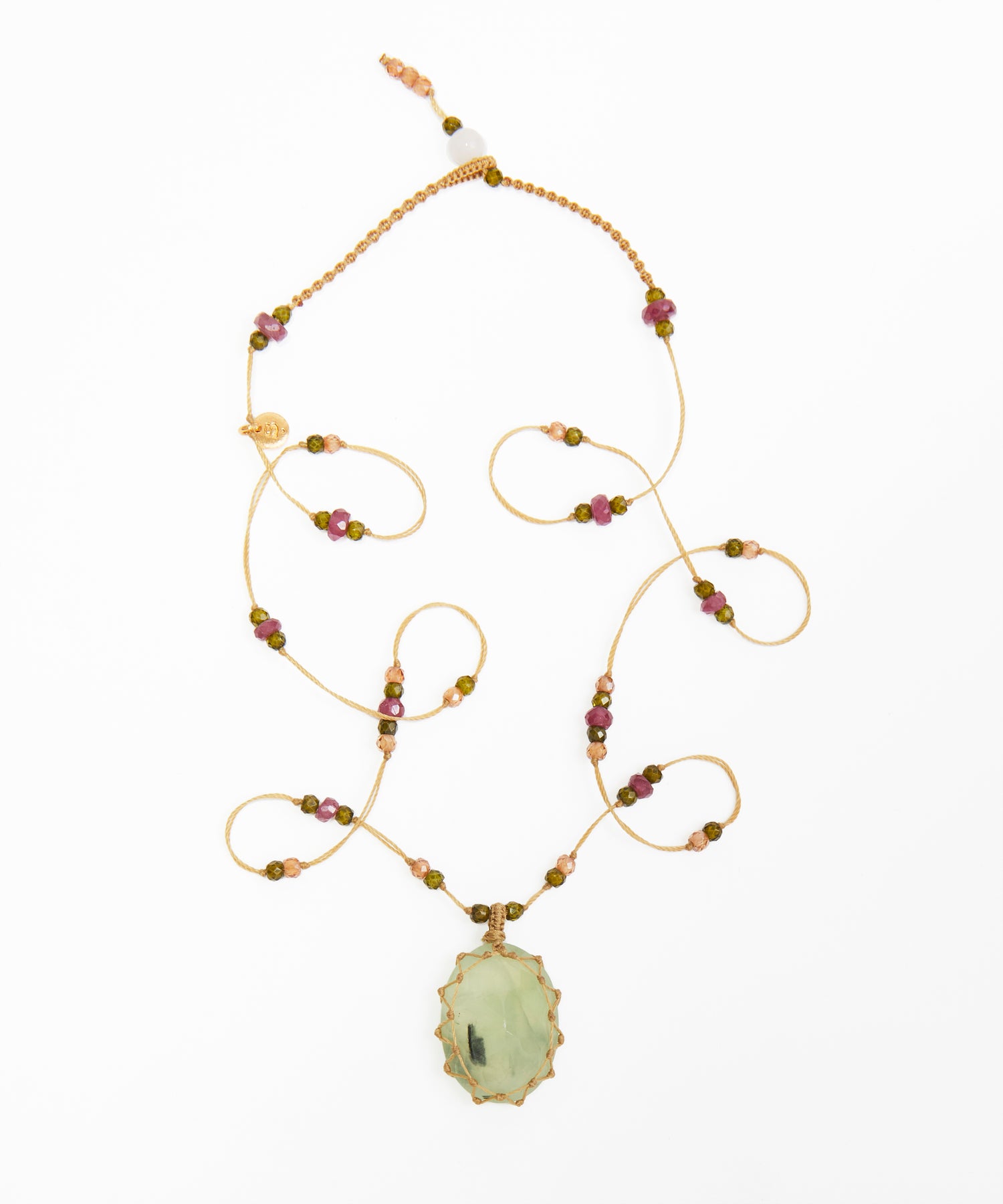 Collier Court Tibétain - Prehnite Rutile  - Mix Tourmaline - Fil Beige