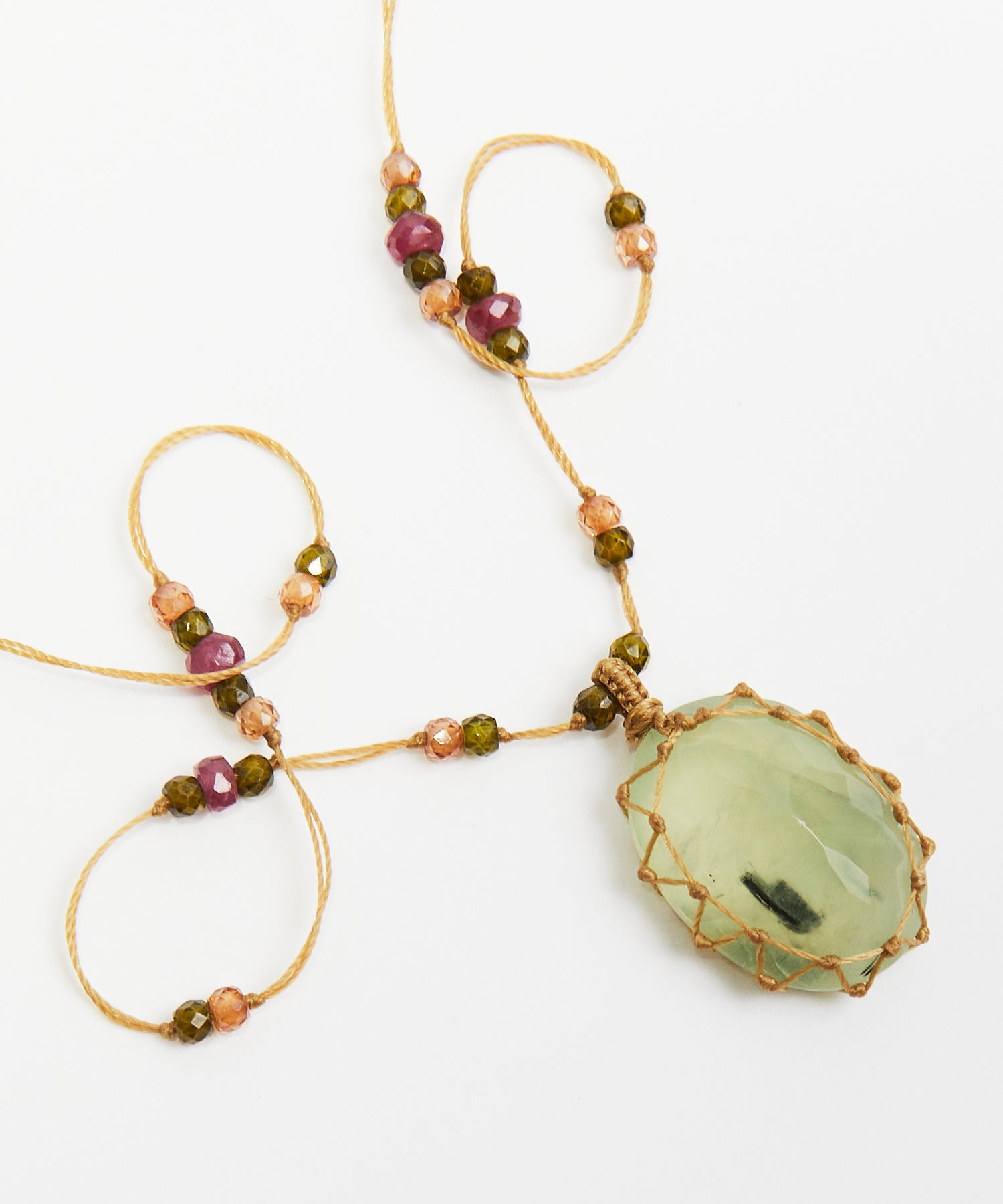 Collier Court Tibétain - Prehnite Rutile  - Mix Tourmaline - Fil Beige