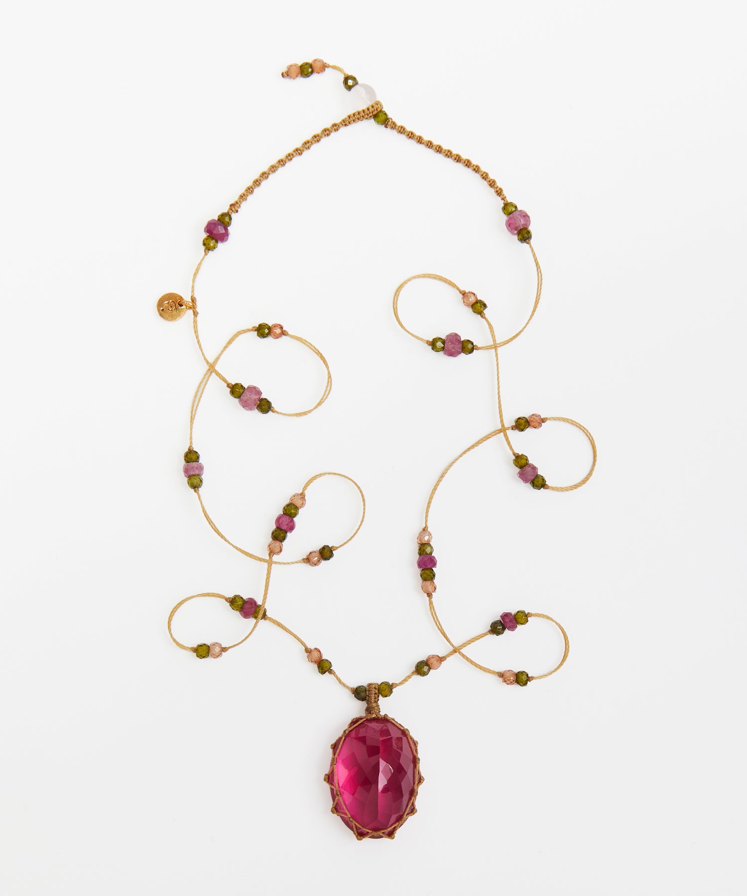 Collier Court Tibétain - Indian Glass Rose - Mix Tourmaline Rose - Fil Beige