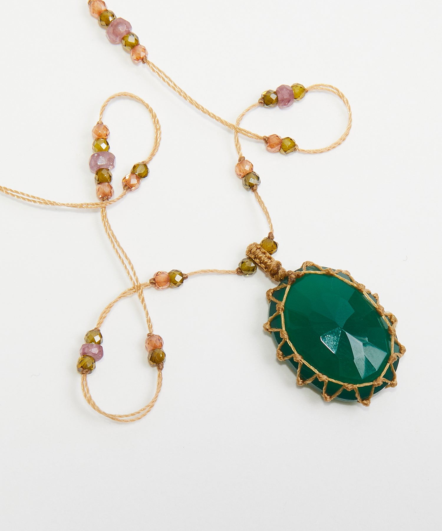 Short Tibetan Necklace - Green Onyx - Mix Pink Tourmaline - Tobacco Thread