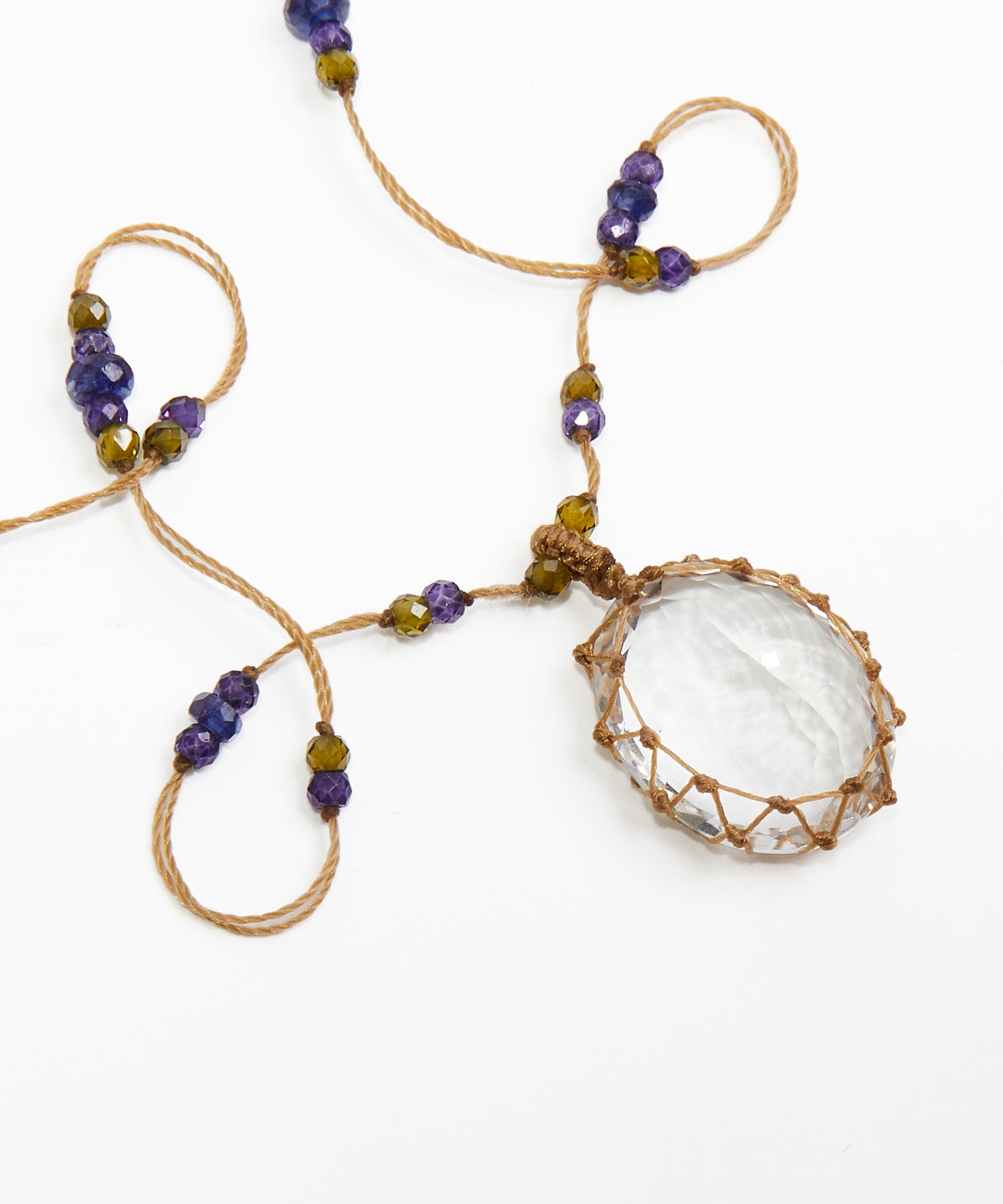 Collier Court Tibétain - Crystal Quartz - Mix Saphir - Fil Beige