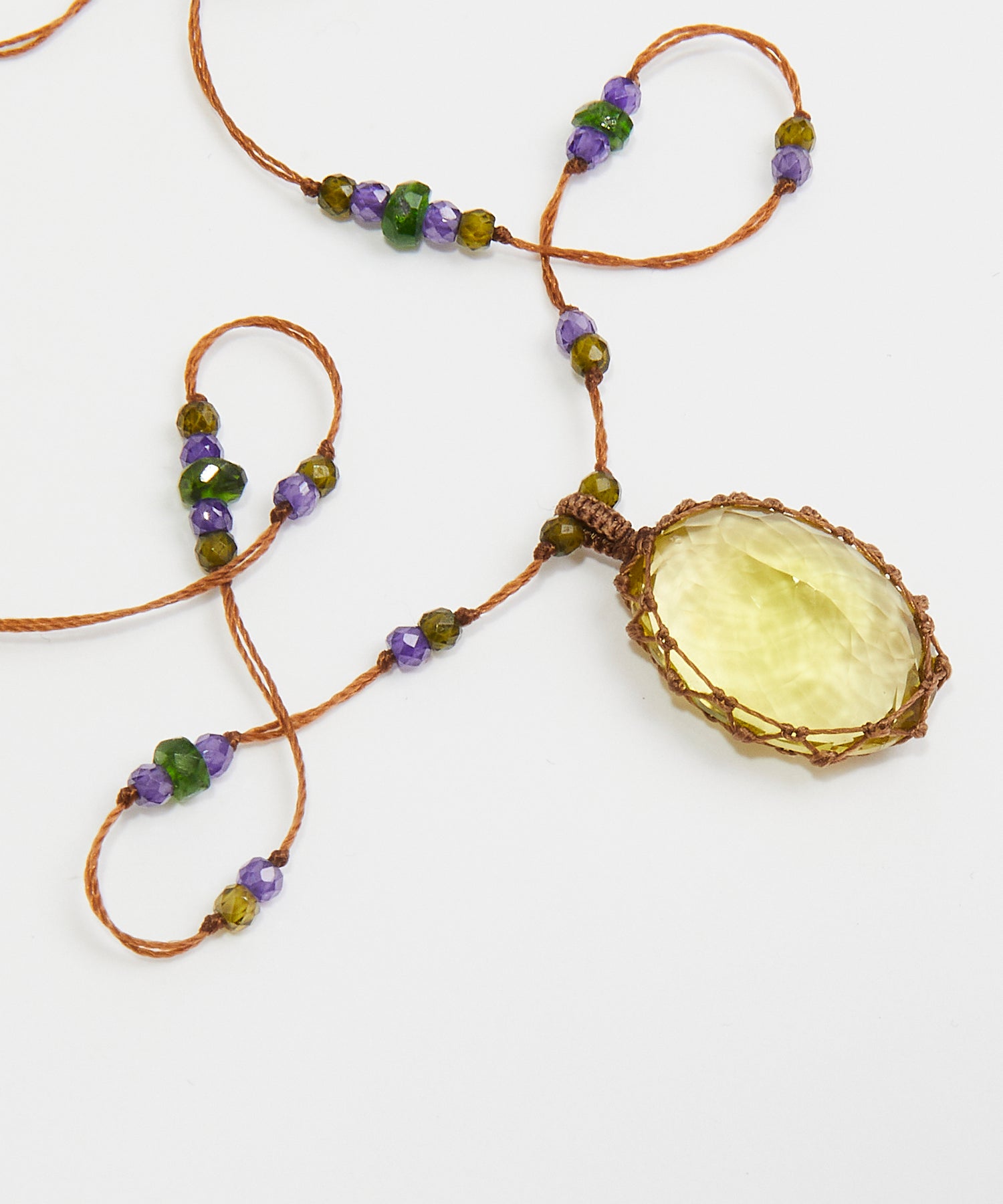 Tibetan Long Necklace - Lemon Topaz - Mix Tsavorite - Tabac Thread