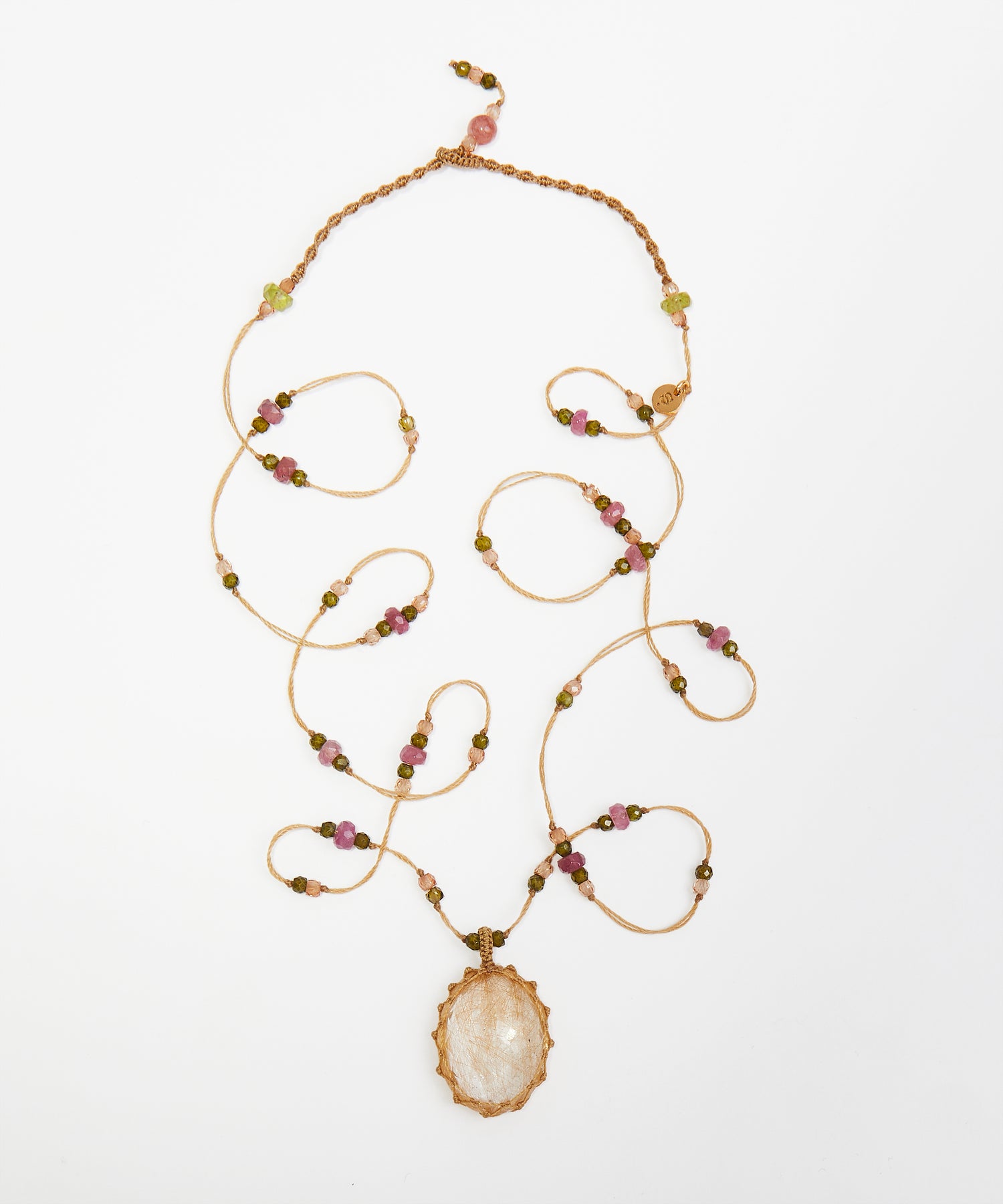 Tibetan Long Necklace - Rutile Gold - Mix Pink Tourmaline - Tabac Thread