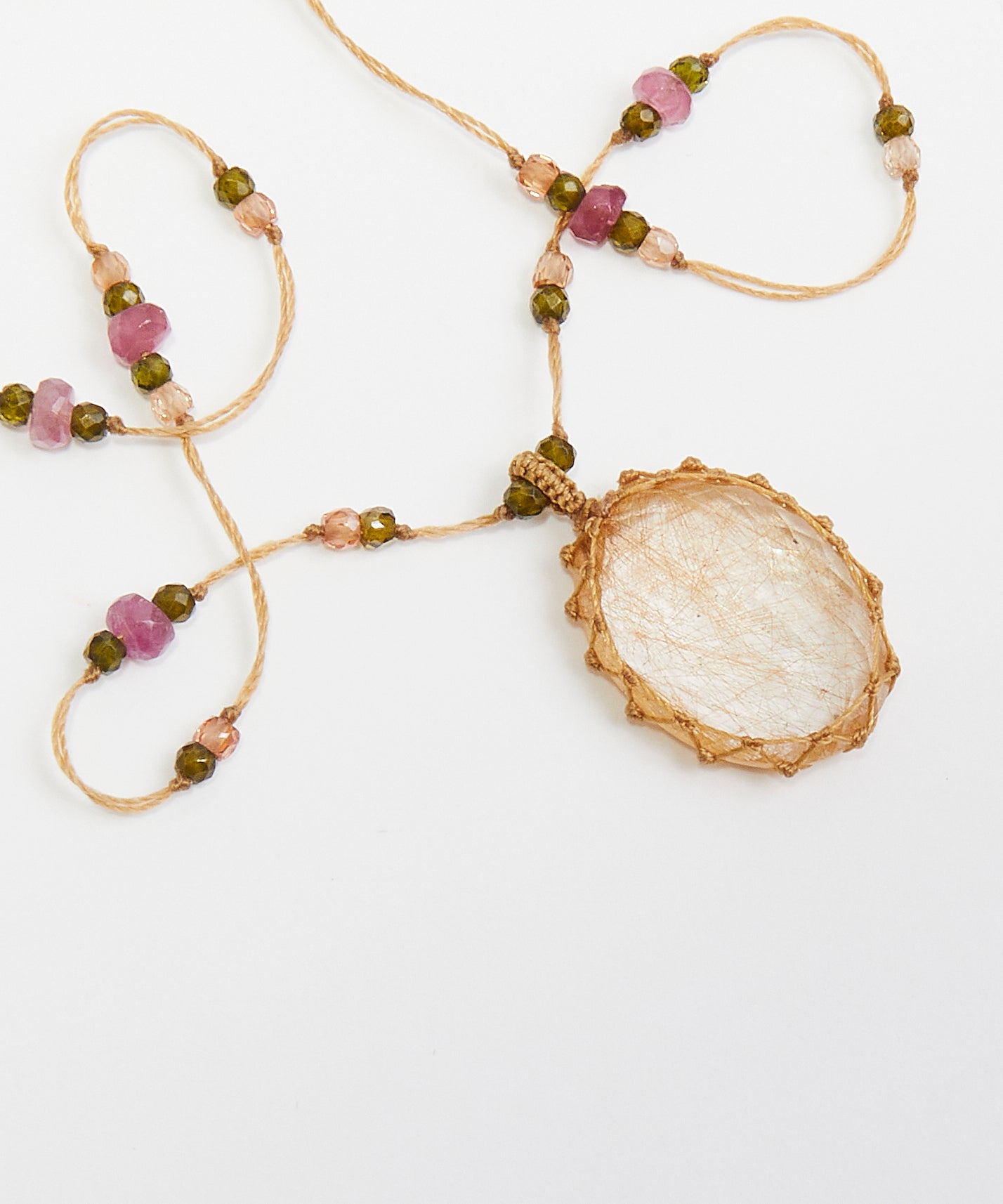 Tibetan Long Necklace - Rutile Gold - Mix Pink Tourmaline - Tabac Thread