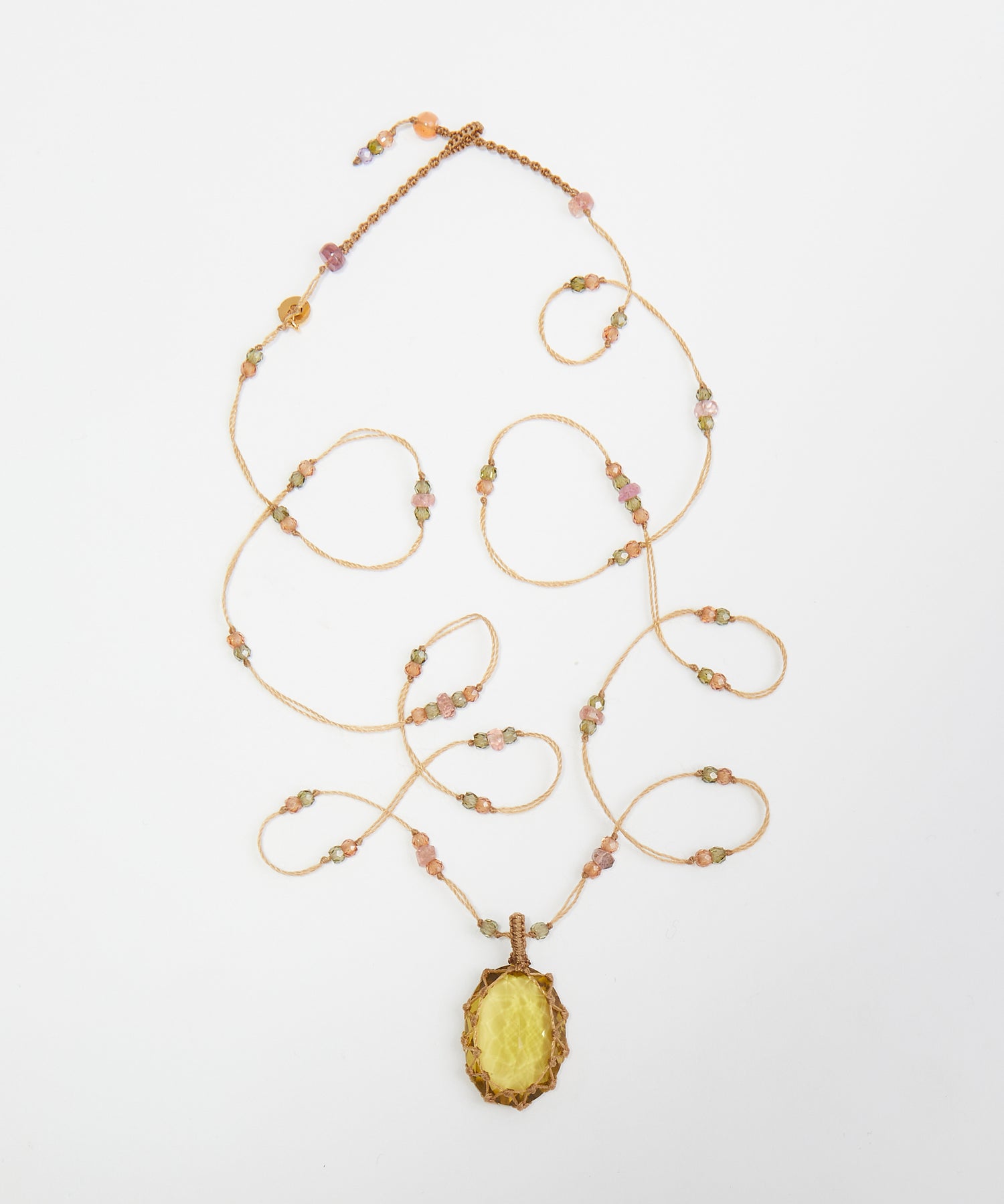 Tibetan Long Necklace - Lemon Topaz - Mix Pink Tourmaline - Beige Thread