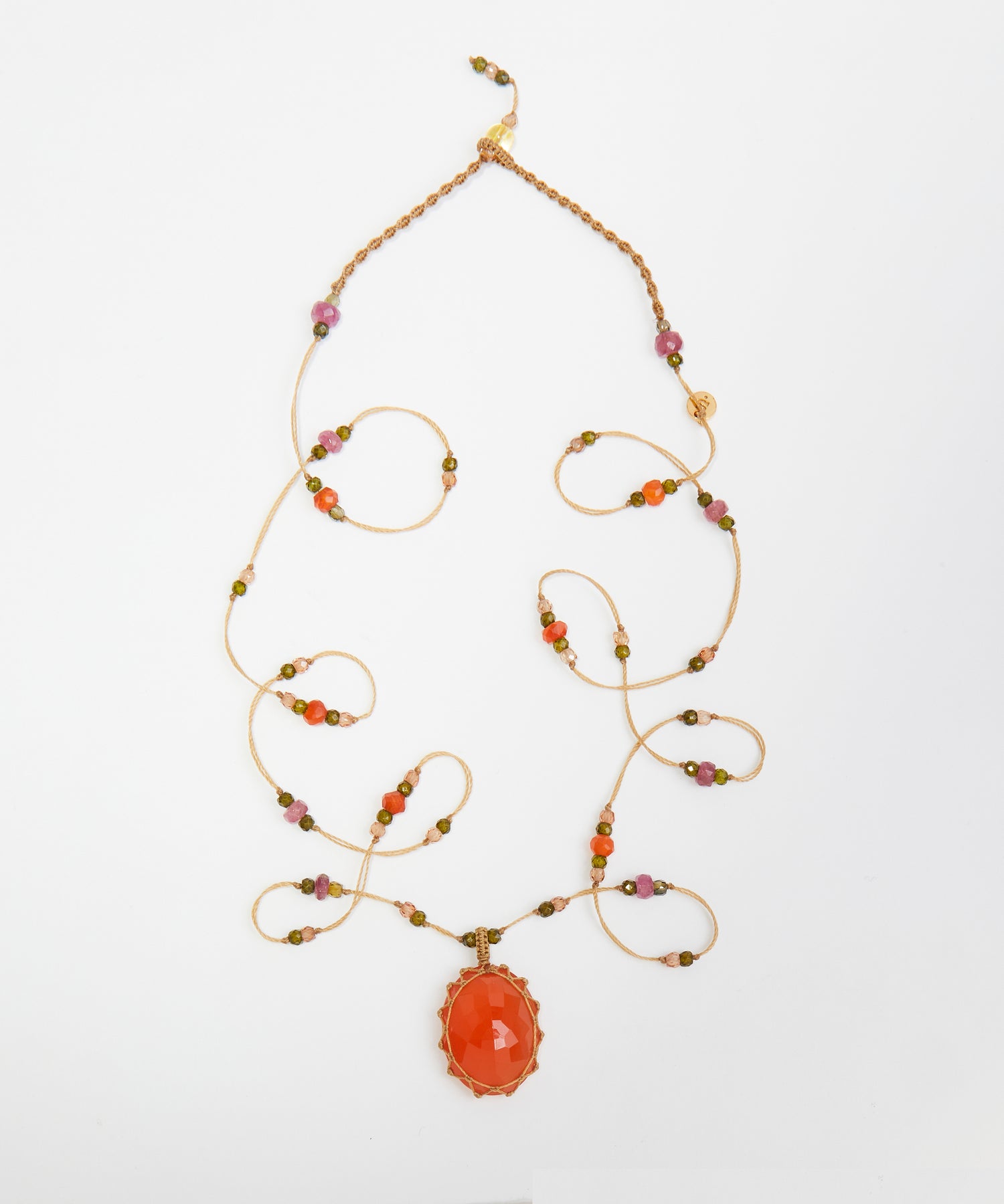 Short Tibetan Necklace - Orange Onyx - Mix Pink Tourmaline - Tobacco Thread