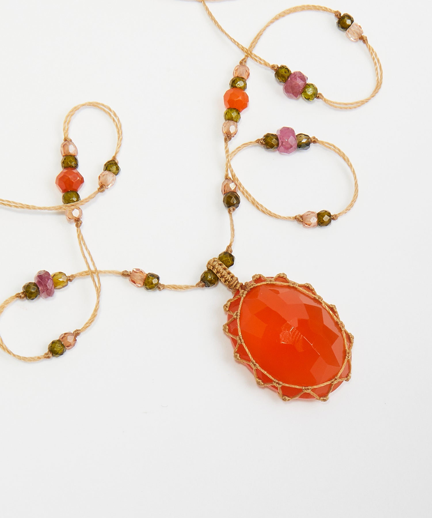 Short Tibetan Necklace - Orange Onyx - Mix Pink Tourmaline - Tobacco Thread