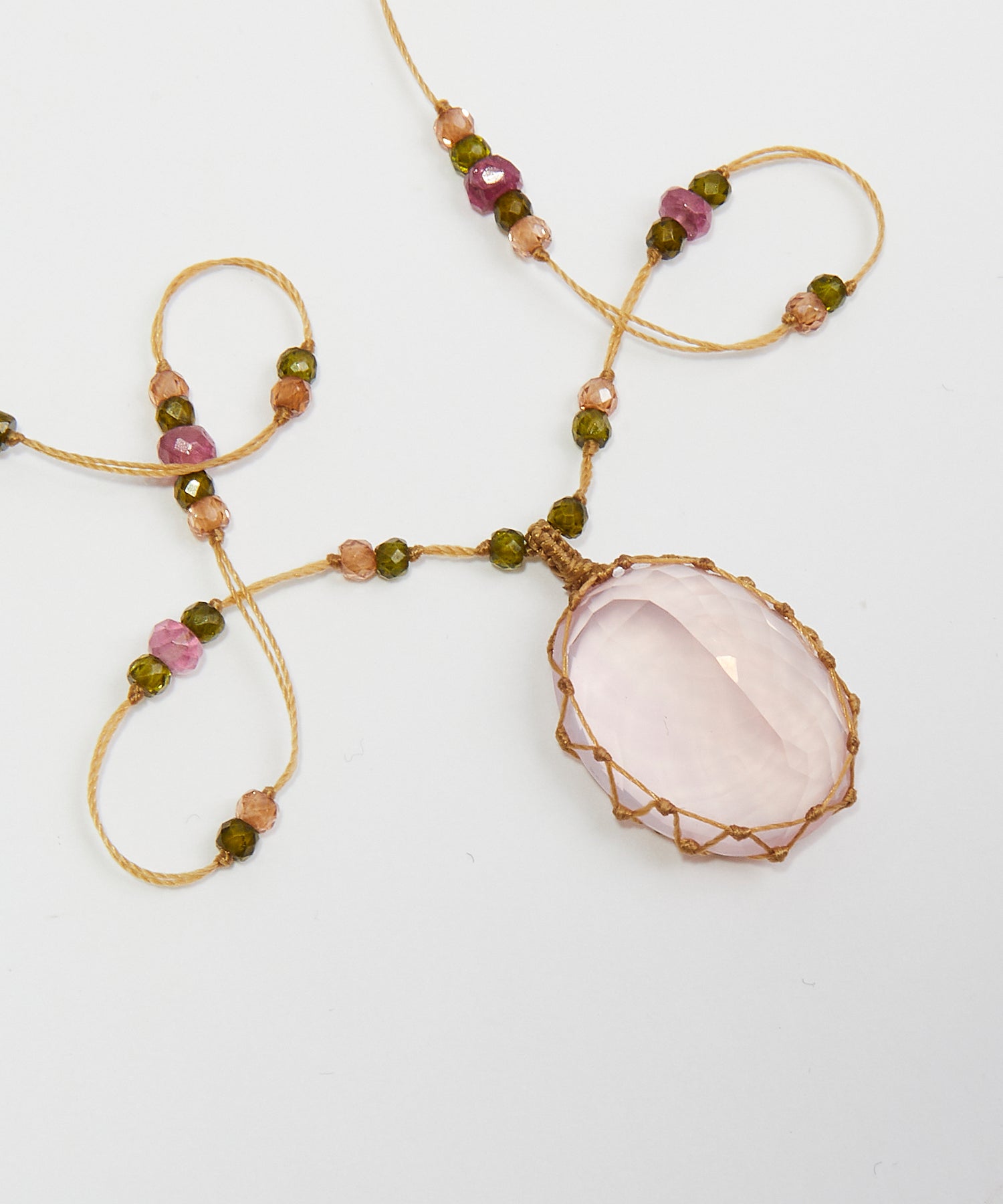 Tibetan Long Necklace - Rose Quartz - Mix Pink Tourmaline - Beige Thread