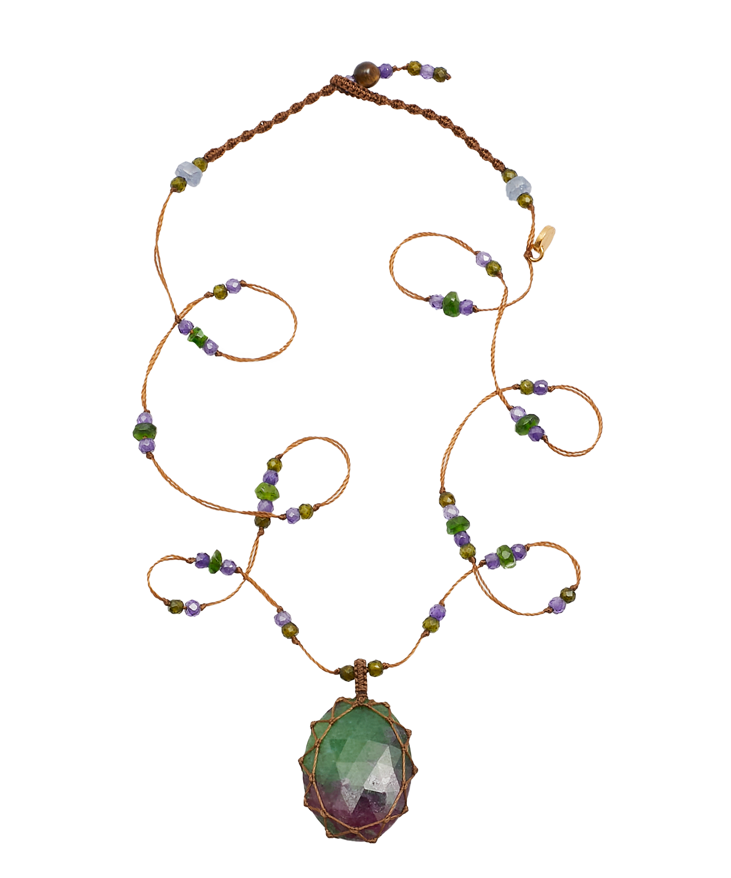 Tibetan Short Necklace - Ruby Zoisite - Mix Tsavorite - Tabac Thread