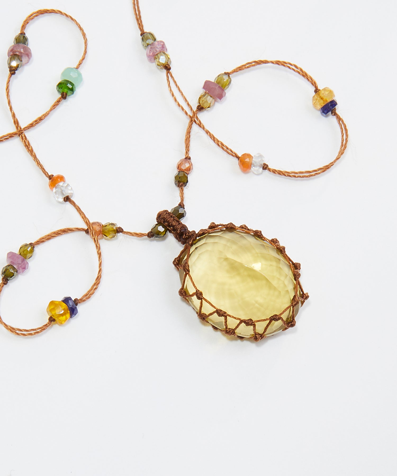 Tibetan Long Necklace - Lemon Topaz - Mix Multi Stones - Tabac Thread