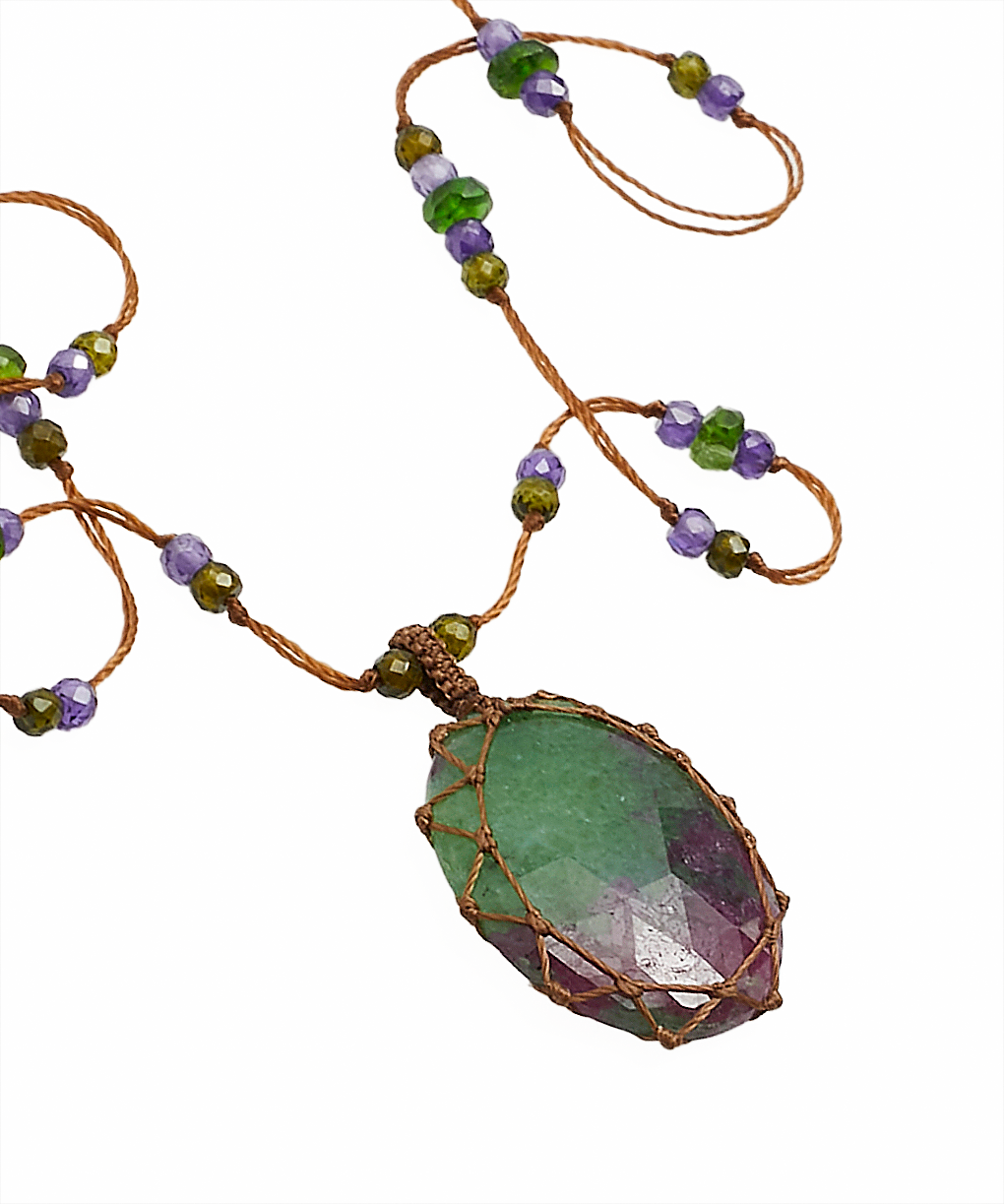 Tibetan Short Necklace - Ruby Zoisite - Mix Tsavorite - Tabac Thread