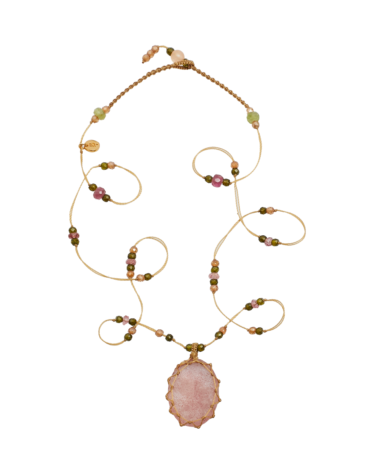 Collana corta tibetana - Quarzo rosa fragola - Mix di tormaline rosa - Filo beige