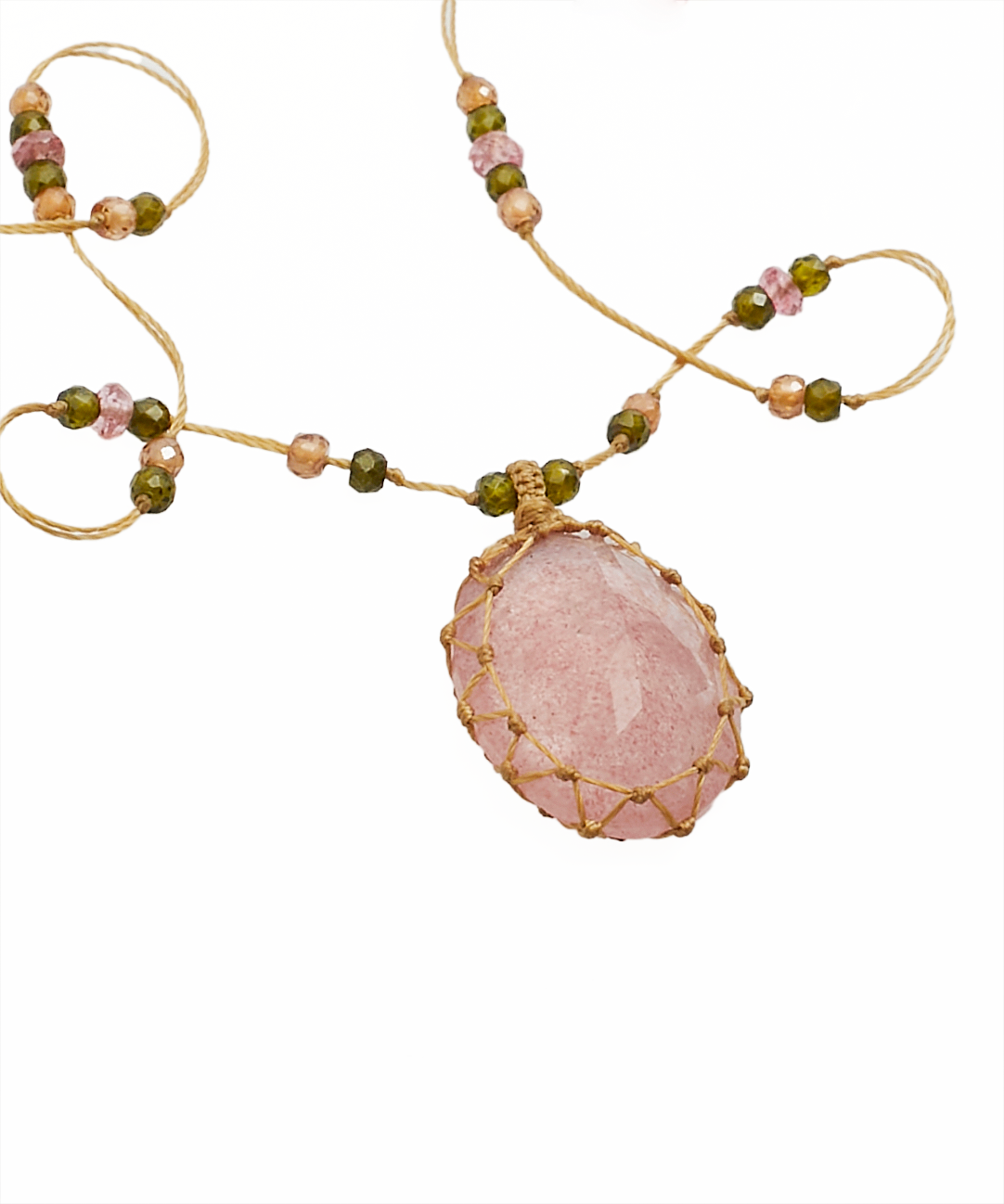 Collier Court Tibétain - Strawberry Quartz Rose - Mix Tourmaline Rose - Fil Beige (Copy)