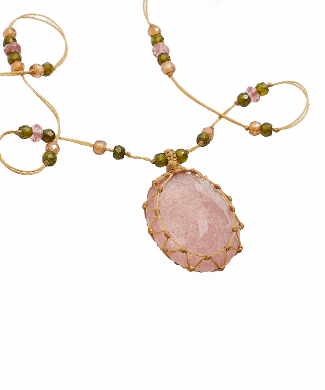 Tibetan Short Necklace - Strawberry Rose Quartz - Mix Pink Tourmaline - Beige Thread