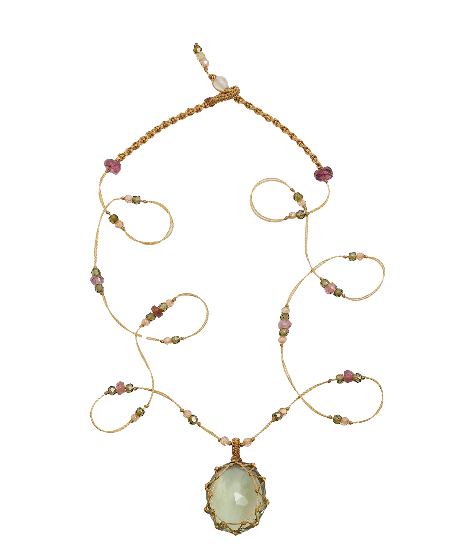 Short Tibetan Necklace - Green Amethyst - Mix Pink Tourmaline - Beige Thread