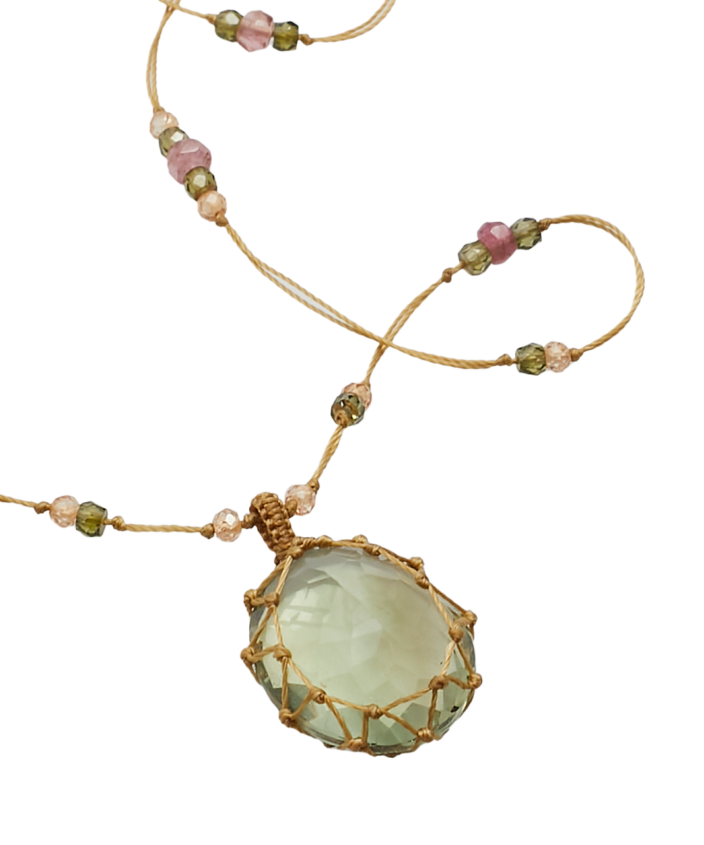 Collier Court Tibétain - Améthyste Verte - Mix Tourmaline Rose - Fil Beige