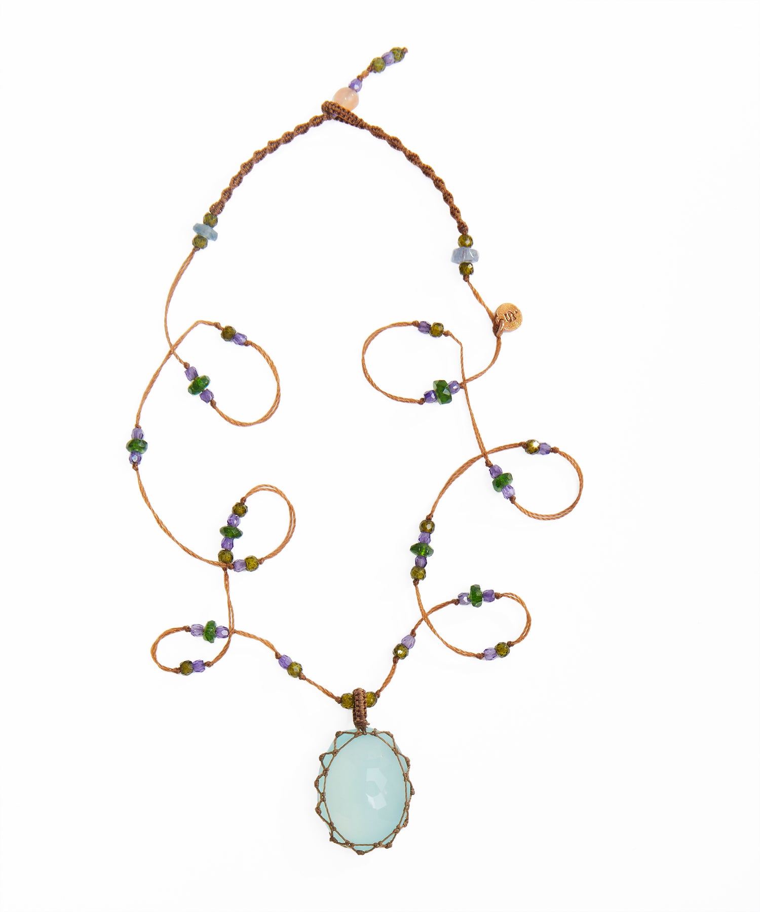 Short Tibetan Necklace - Blue Chalcedony - Mix Tsavorite - Tobacco Thread