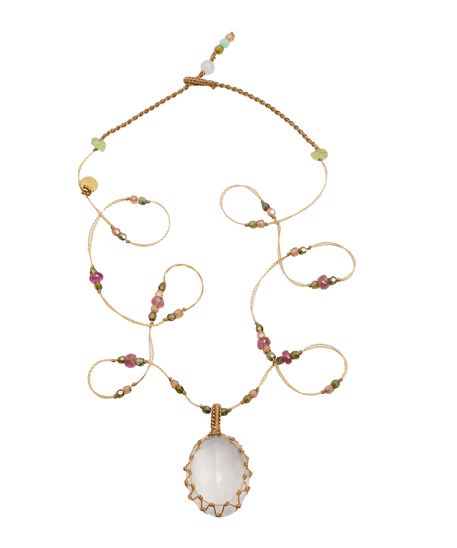 Short Tibetan Necklace - Rose Quartz - Mix Pink Tourmaline - Tobacco Thread